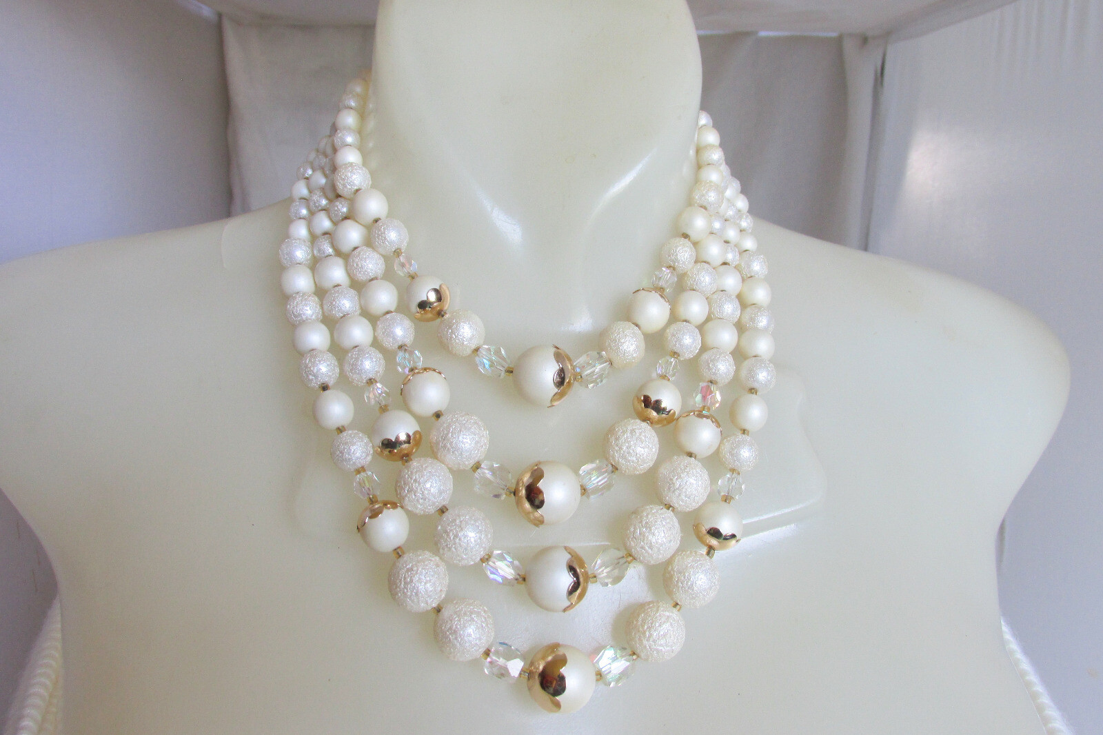 Cream AB Crystal Beads Bib Choker Necklace Textured Satin Vintage Retro JAPAN