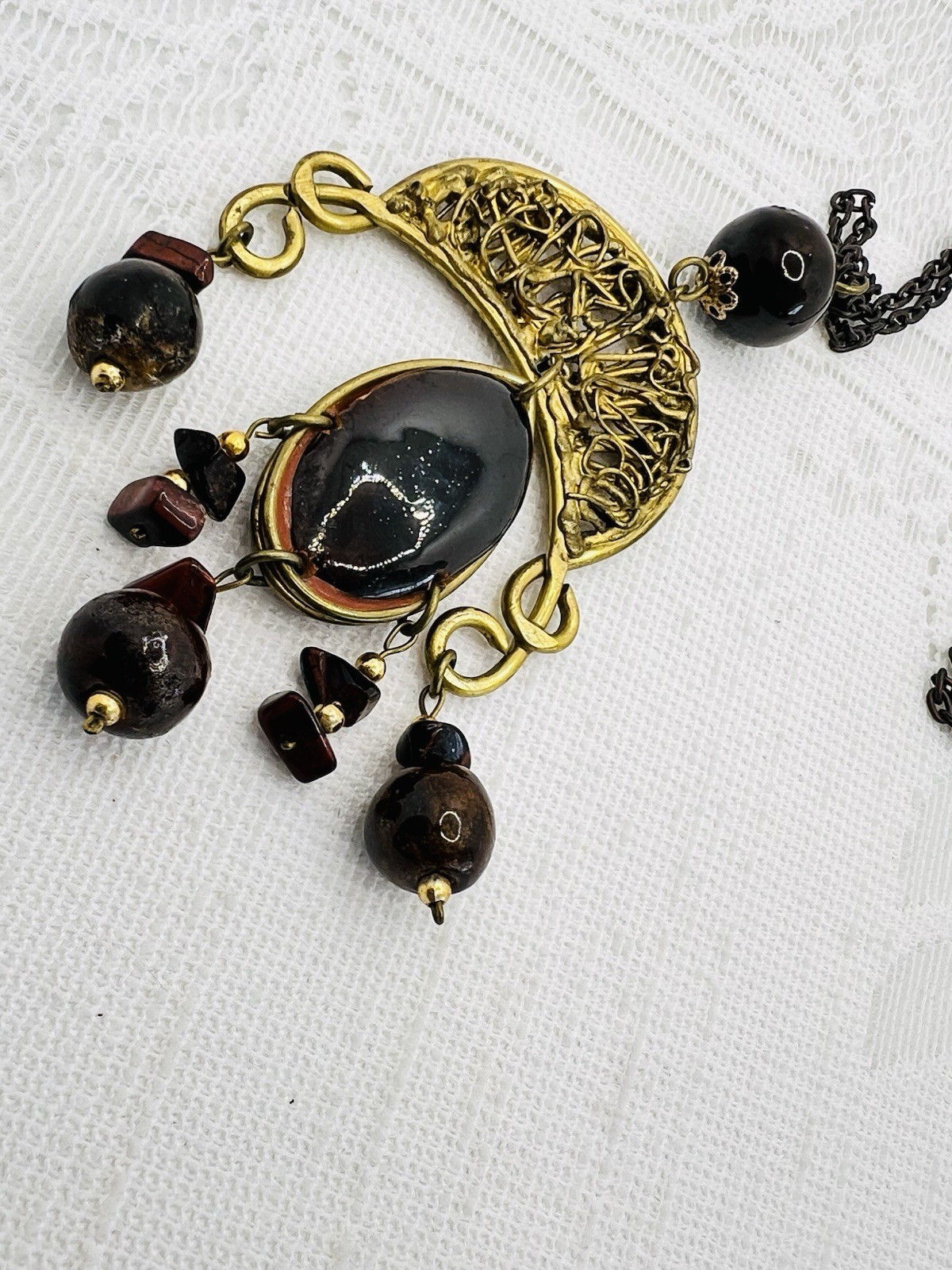 Vintage Brutalist Mixed Metals Necklace Handmade 70s Brass Copper Glass Beads