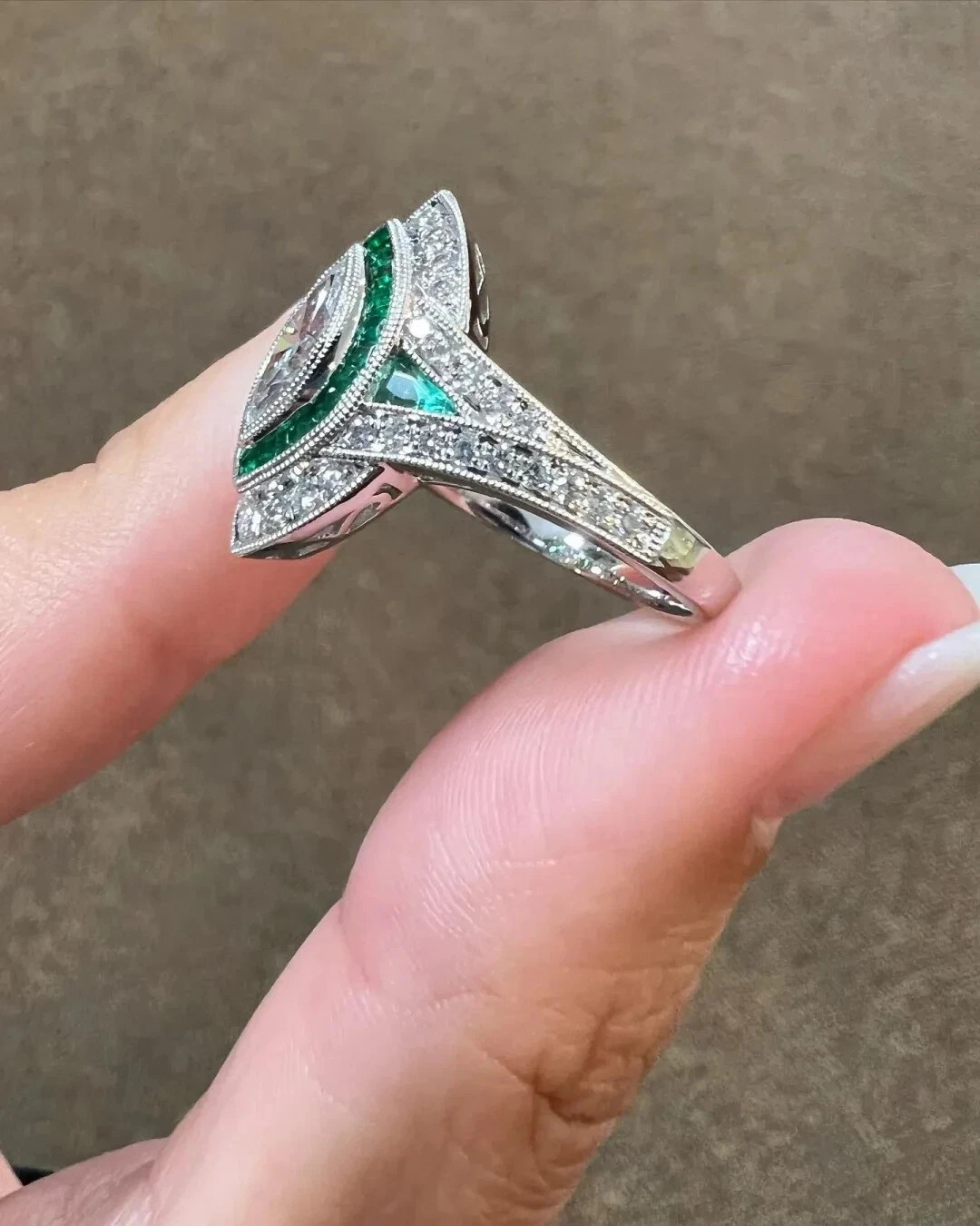 Art Deco Vintage Lab Created Emerald Diamond Engagement & Gift 925 Silver Ring