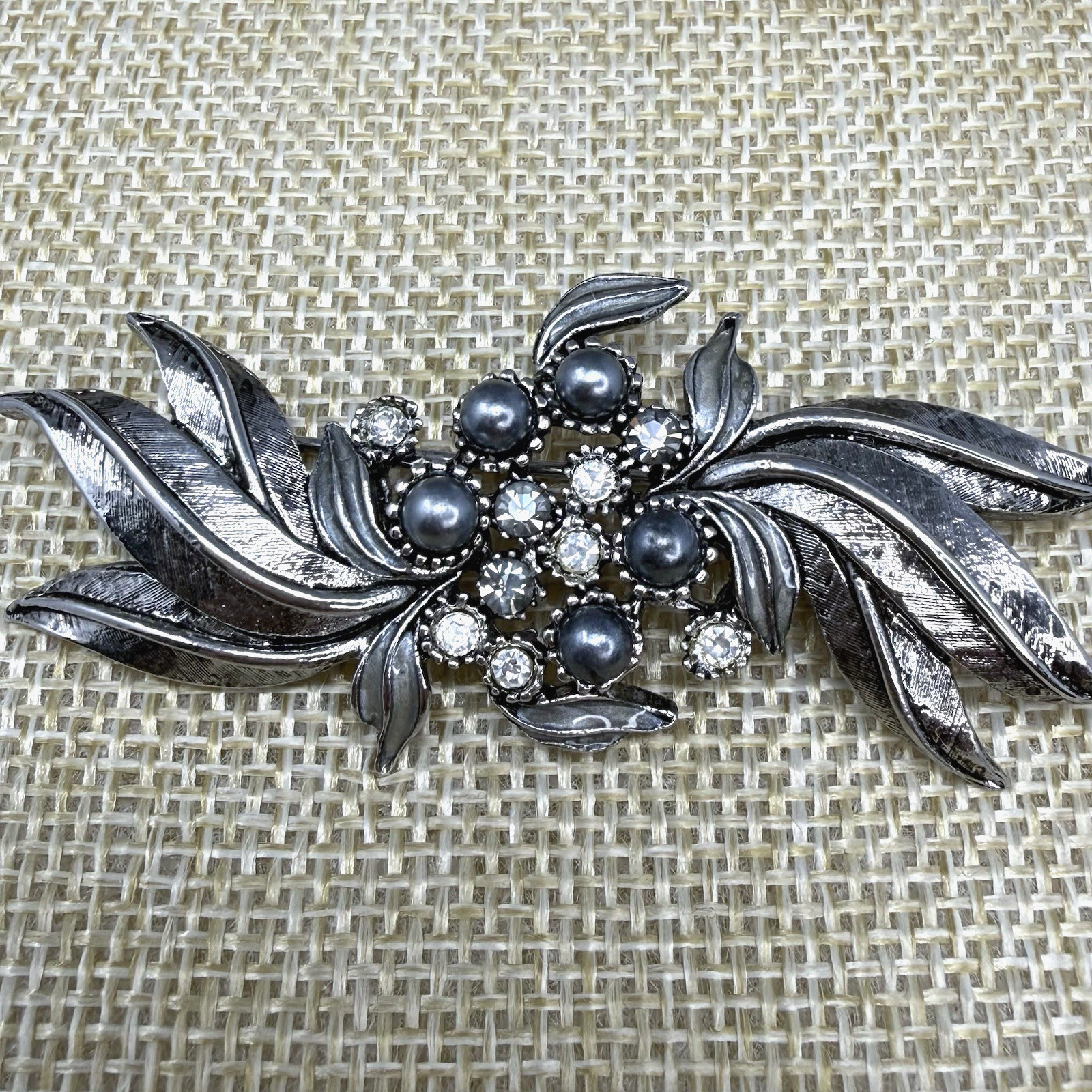 Vintage Faux Gray Pearl and Clear Rhinestone Floral Spray Brooch Pin