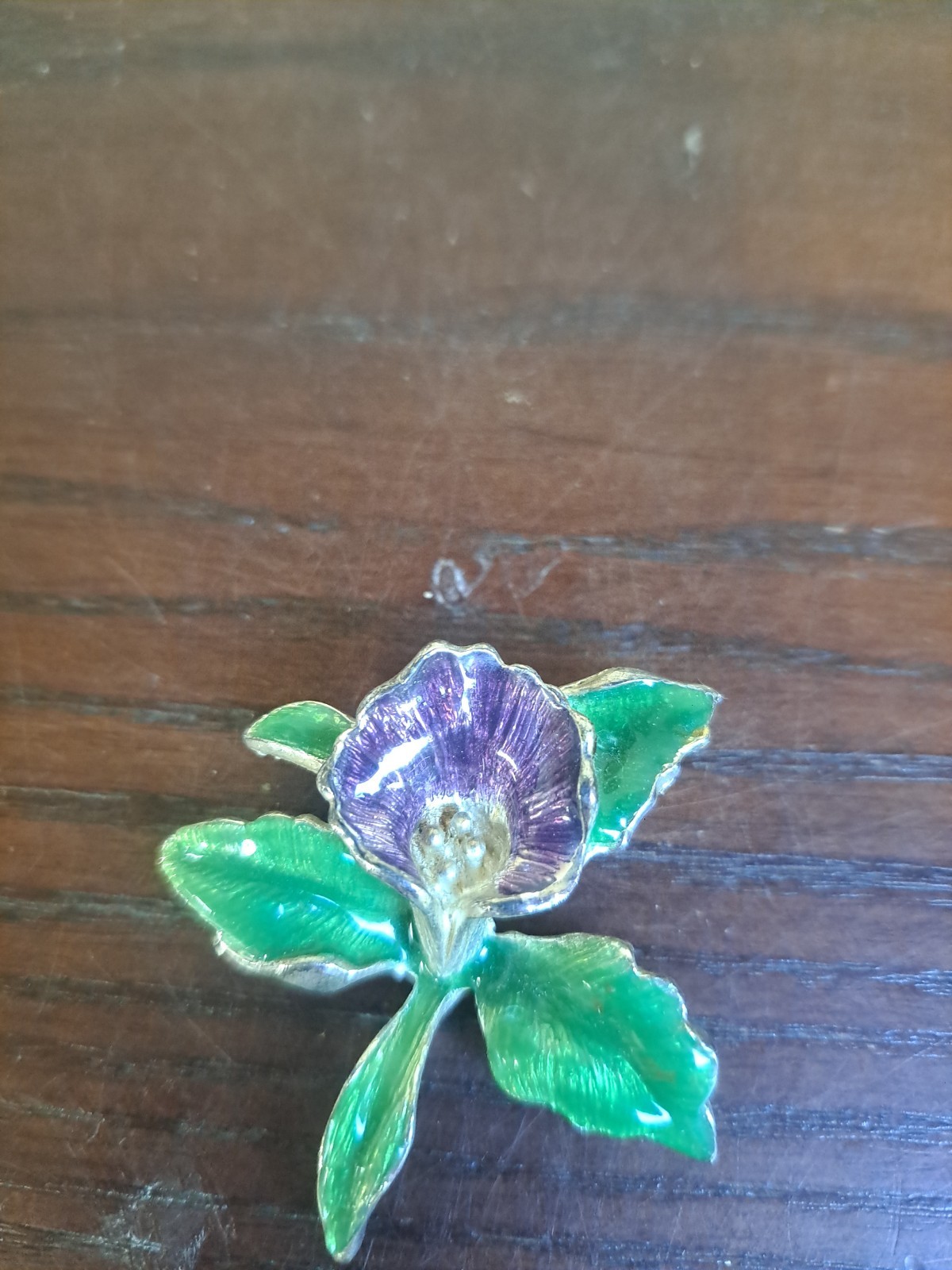 Vintage Purple Orchid Enameled Silver Tone Brooch