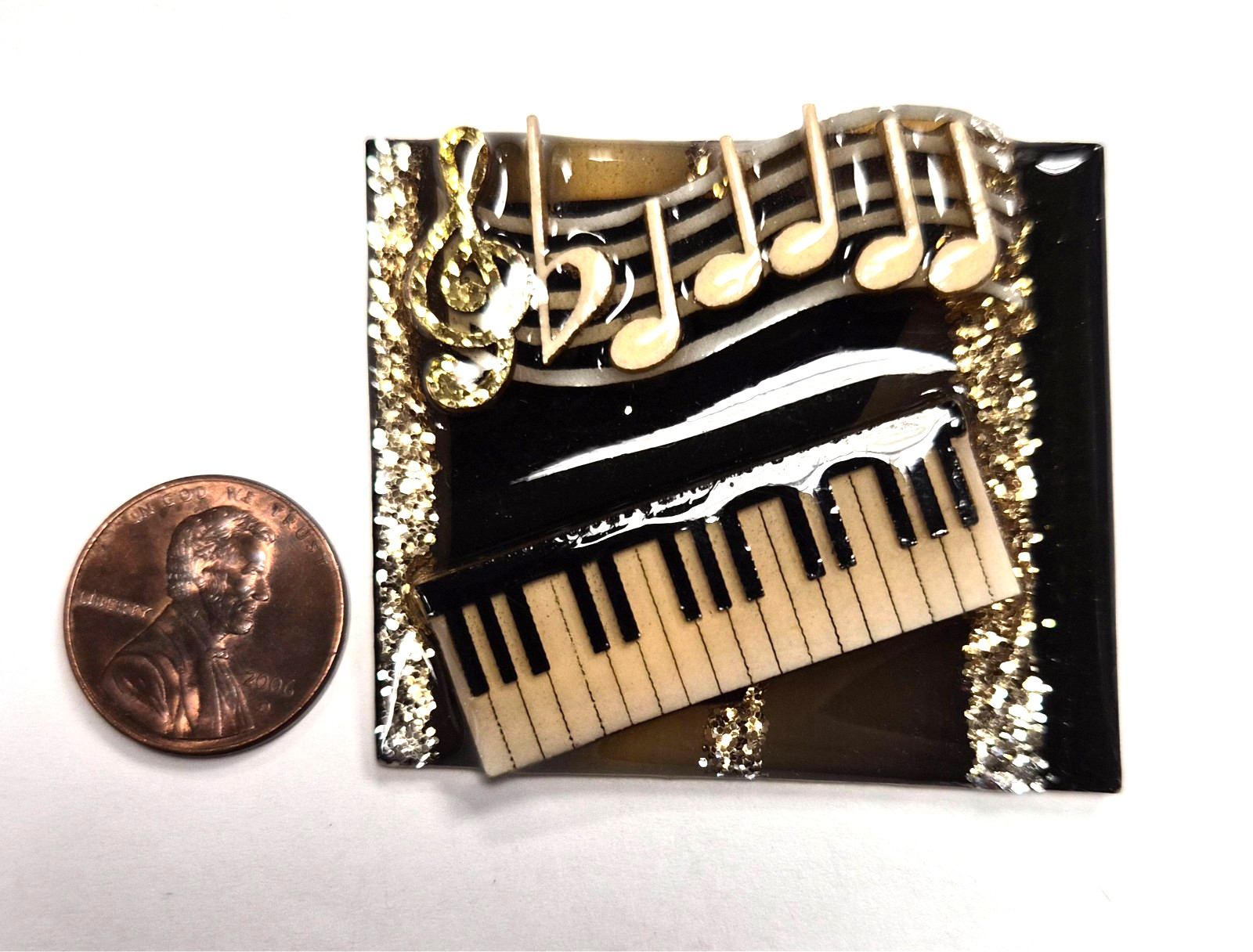 Vintage Music Pins by Lucinda Piano Keyboard Gold Glitter Notes Pin / Brooch