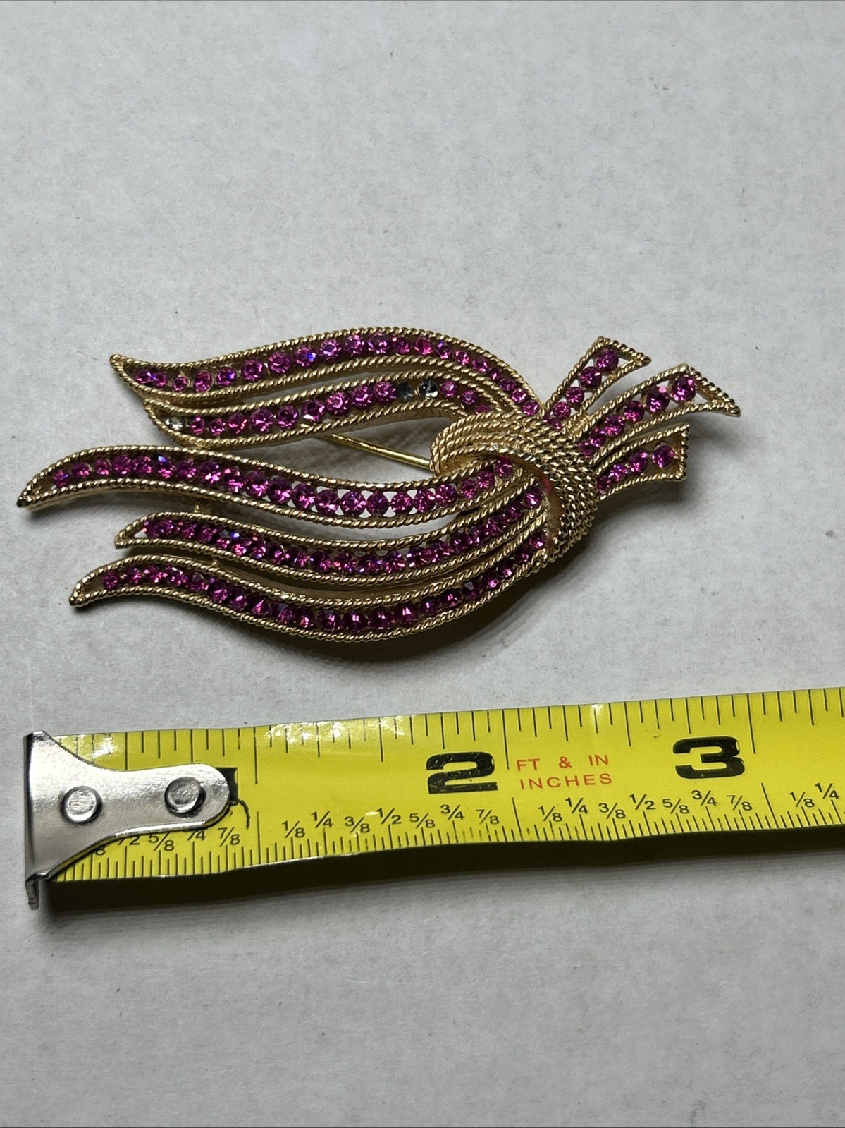 TRIFARI Signed Fuschia Pink Flow Ribbon Bouquet Brooch Missing Some Rhinestones