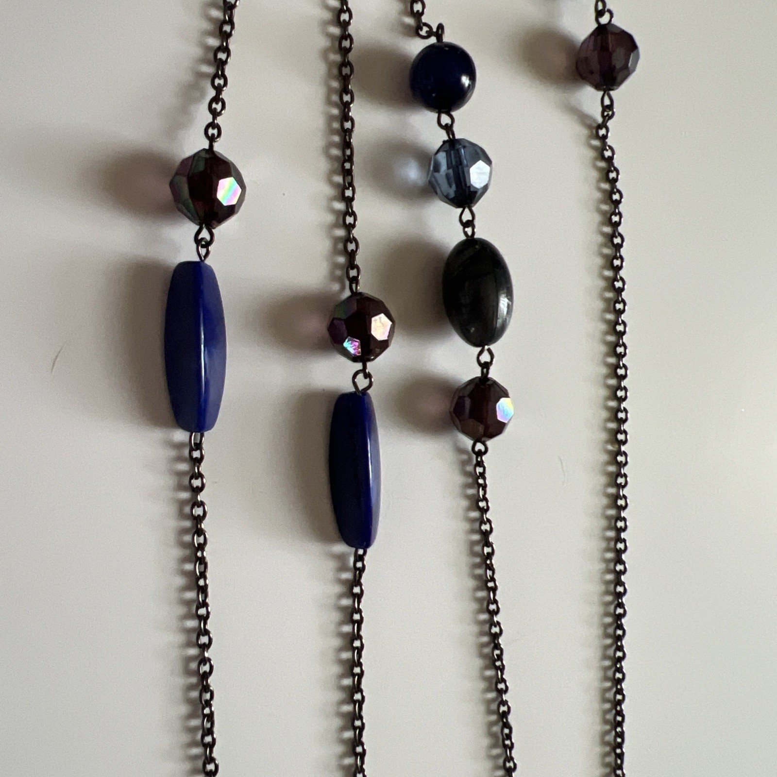 Vintage Long Necklace Blue Glass Beads Stones Different Shapes & Hues 46” Long