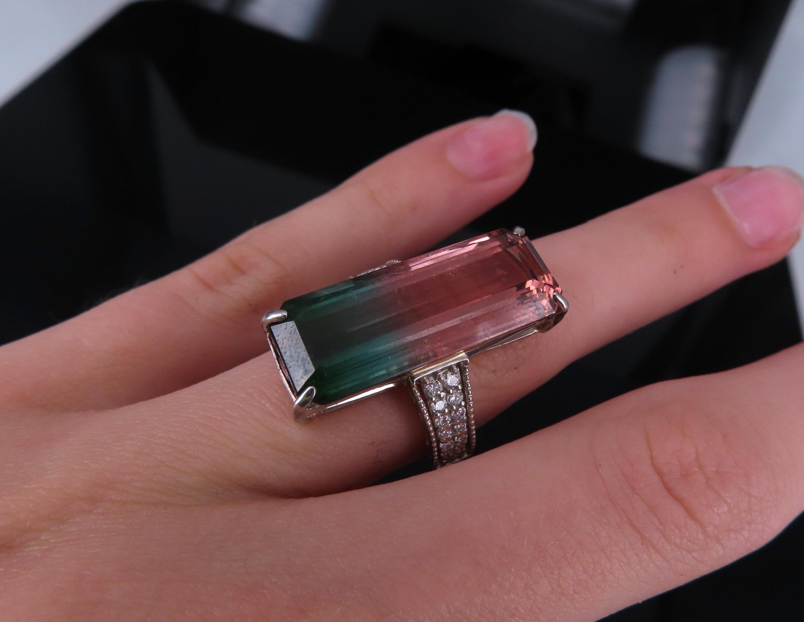 Rare 15.82ct Natural Party Color Tourmaline 0.35ct Diamond Platinum Ring, Size 7