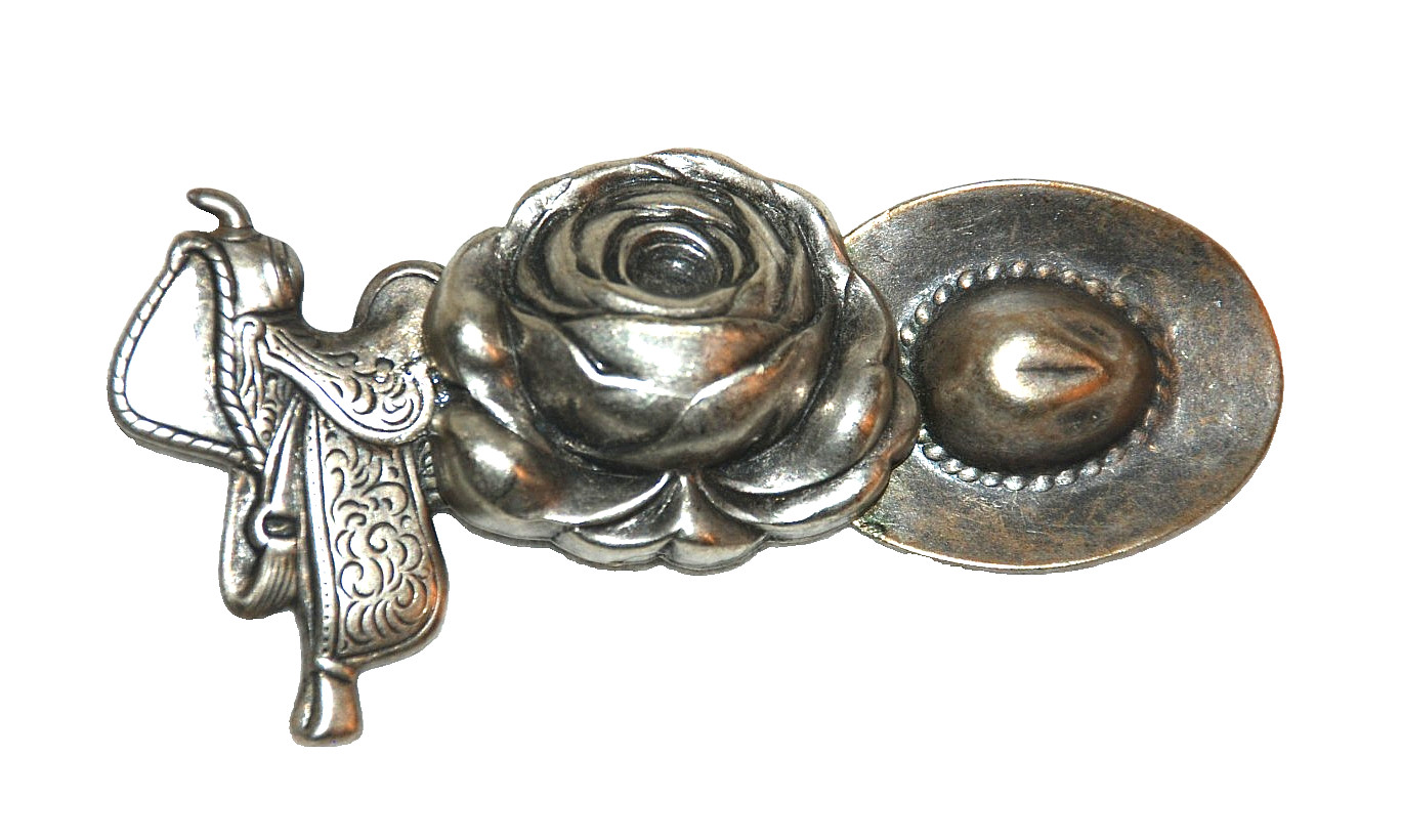 Saddle Rose Cowgirl Hat Western Brooch Pin Metal Silver Tone 1980’s Jewelry