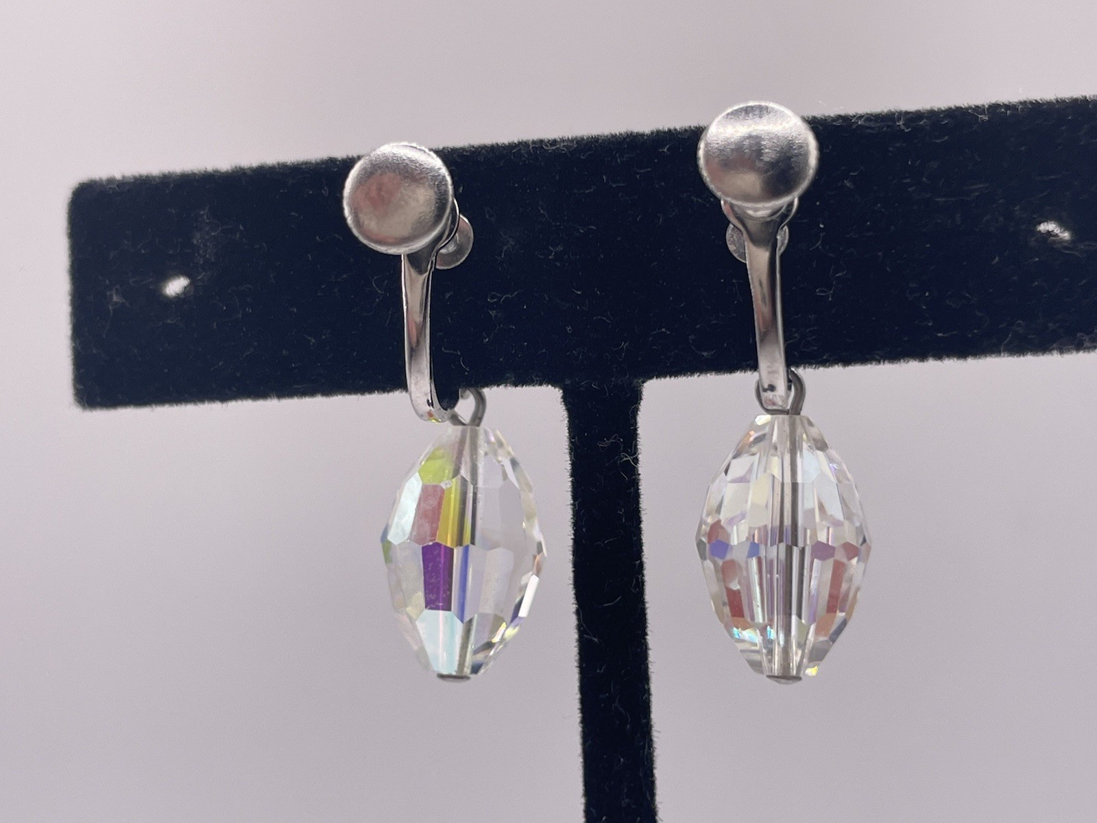 Vintage AB Aurora Borealis Faceted Crystal Drop Dangle Screw Back Earrings