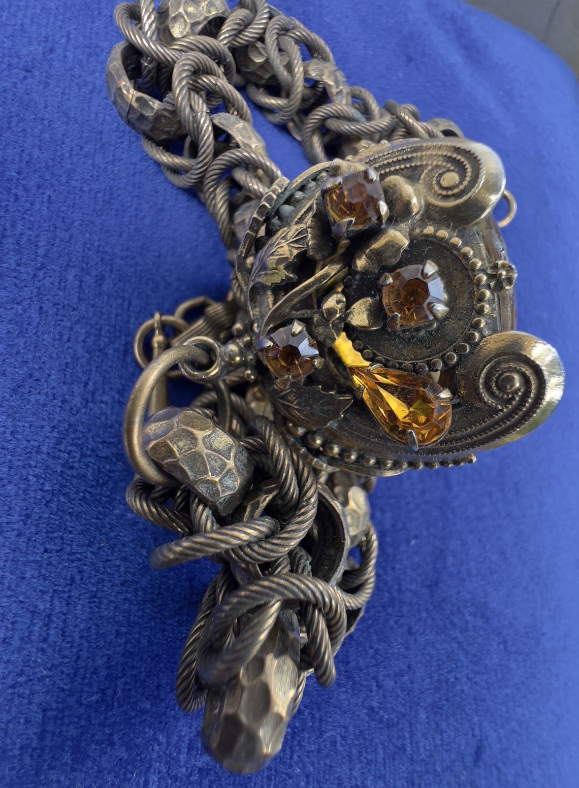 VTG HENKEL & GROSSE Victorian Revival Rhinestone & Art Glass Fob Necklace RUNWAY