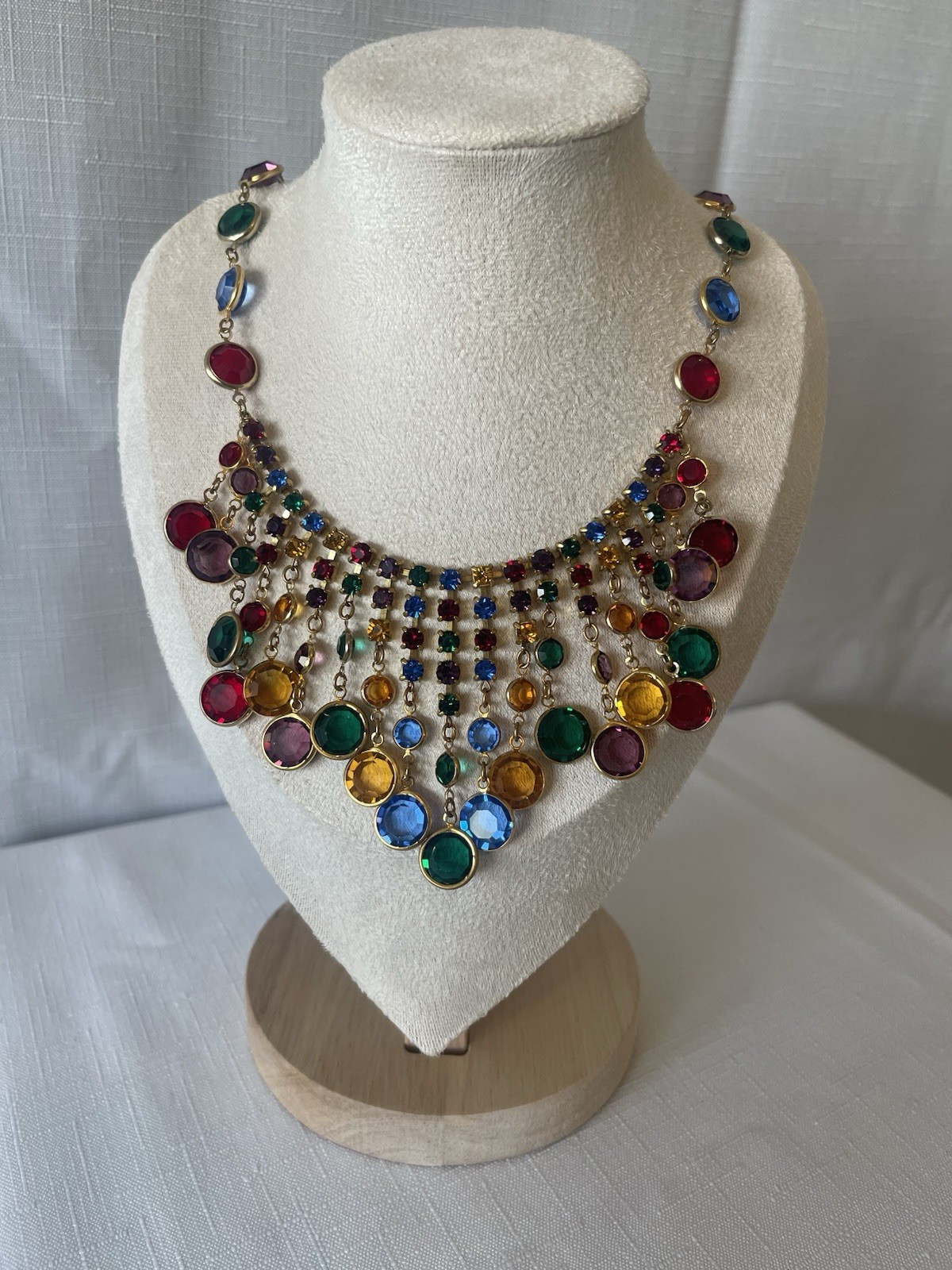 Vintage Signed Miriam Haskell Rainbow Glass Bib Necklace
