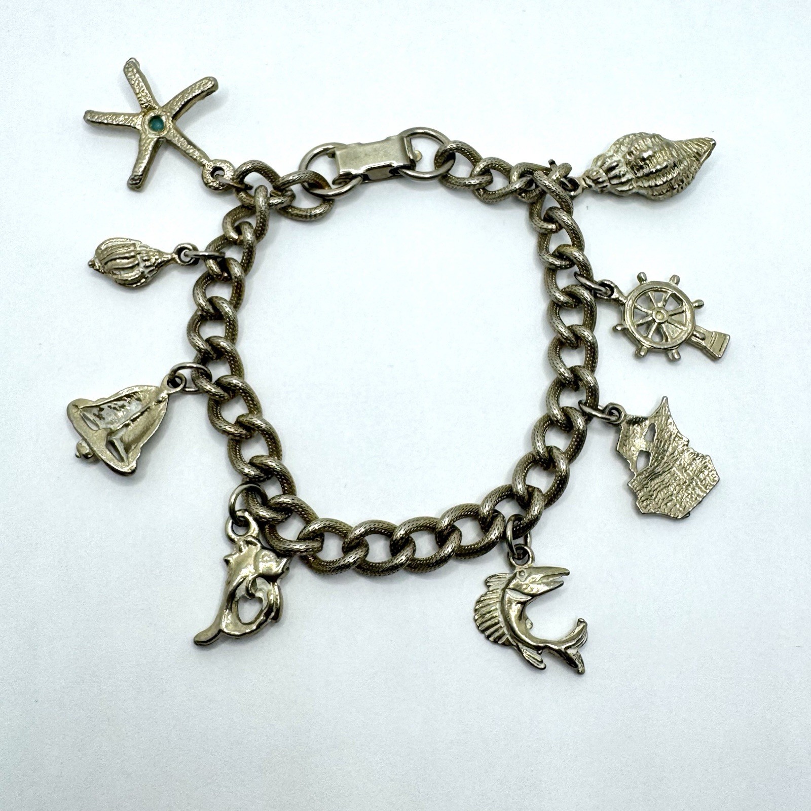 Vtg Charm Bracelet Starfish Ship Conch Shell Faux Turquoise Charms Curb Chain 7″