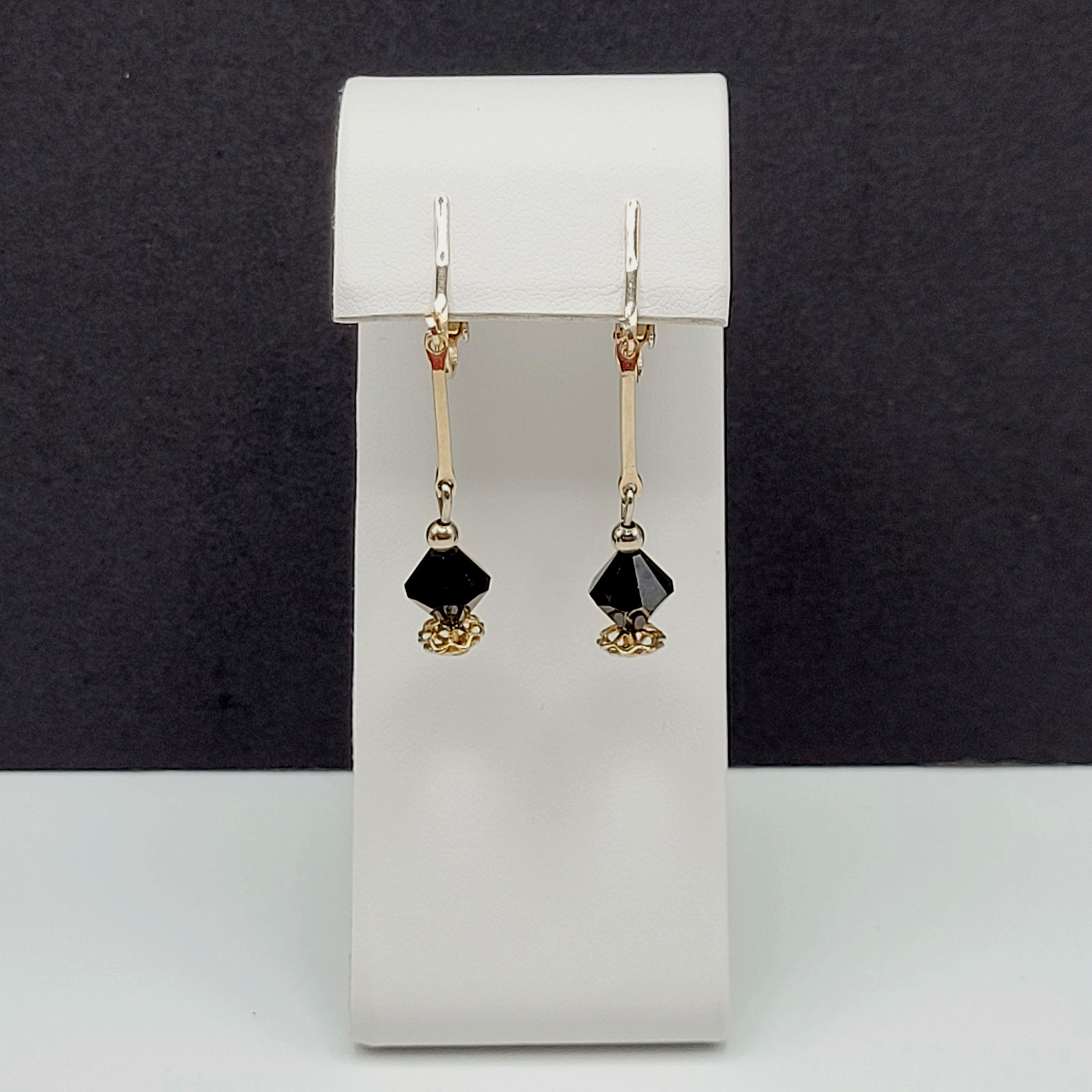 Minimalist Art Deco Drops Black Bicone Crystal Gold Tone Vtg Clip On Earrings