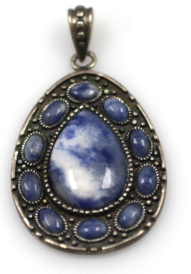 DBJ Sterling Silver 925 blue lapis cabochons tear drop shaped pendant 1 5/8″