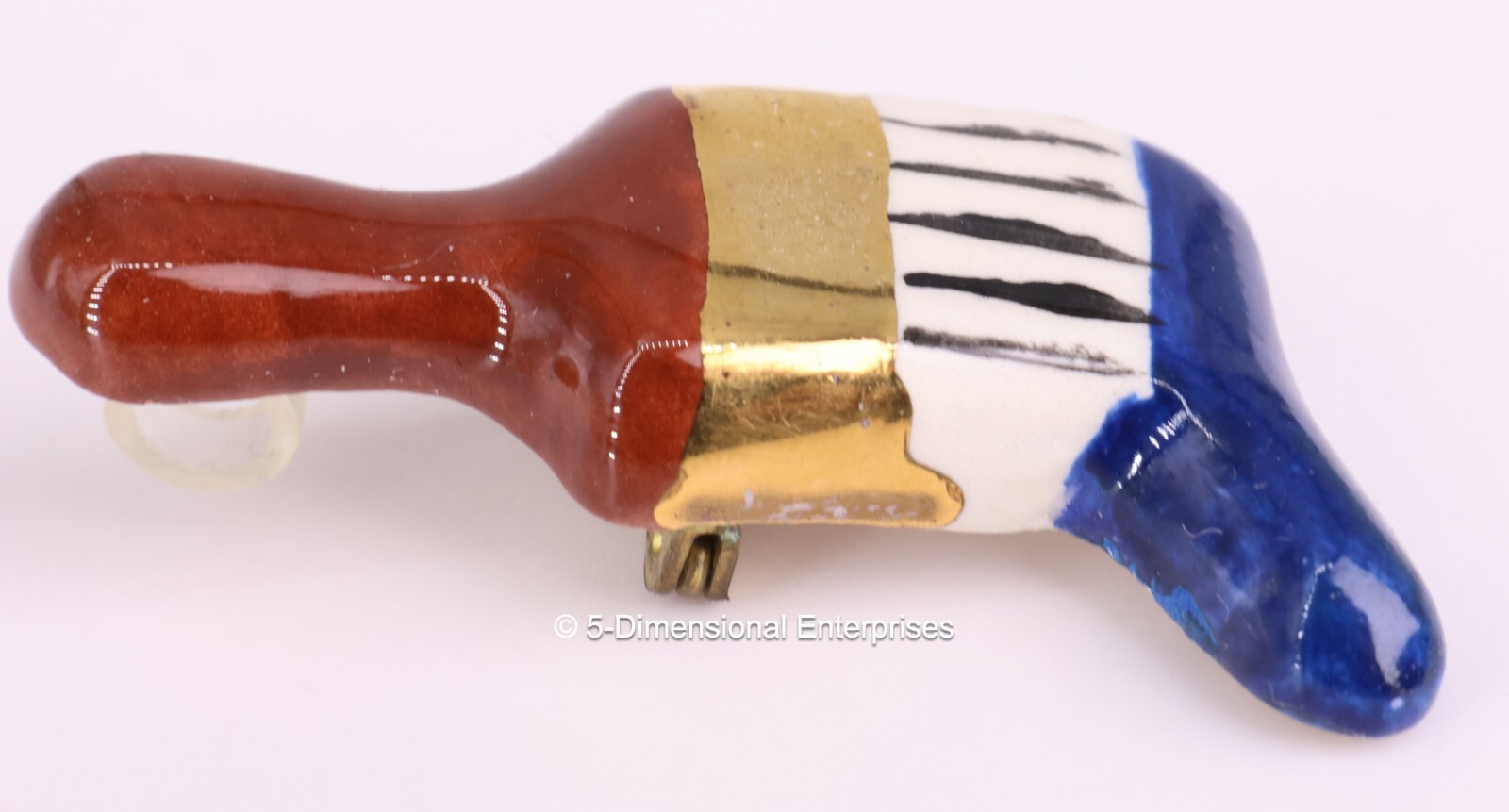 Vintage PAINTBRUSH Brooch – Gold Brown White Blue – Molded Clay and Glazed
