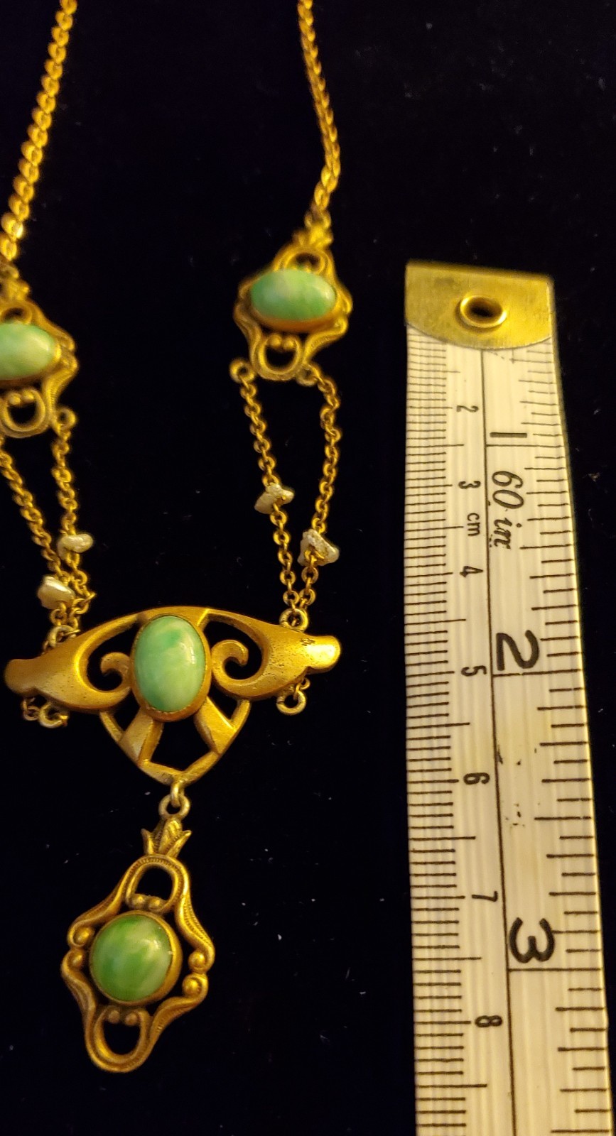 Antique Art Nouveau Krementz Festoon Necklace Seed Pearls Green Cabochons