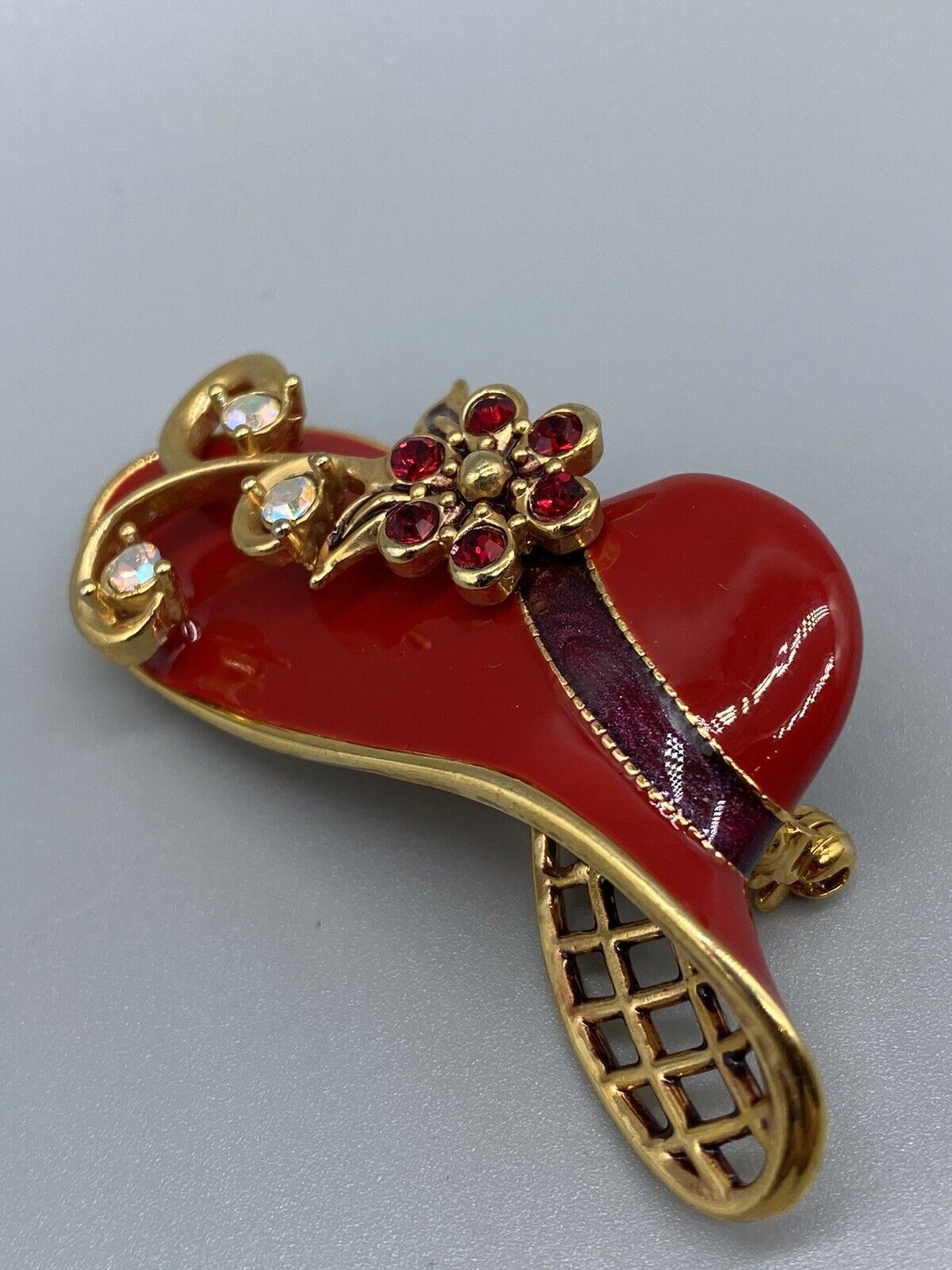 Vintage 1960s Brooch Pin Lapel Lady Hat Red Enamel Rhinestone Gold Tone