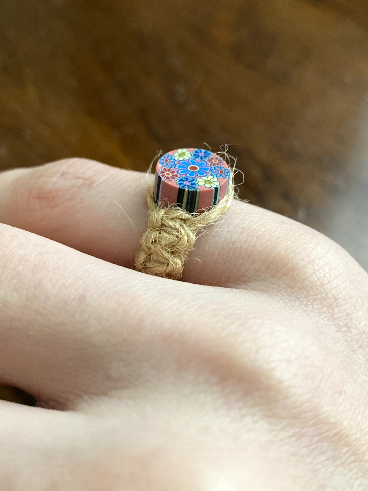 Vintage 1990s NEW Hemp Twine Psychedelic Hippy Floral Polymer Clay Ring
