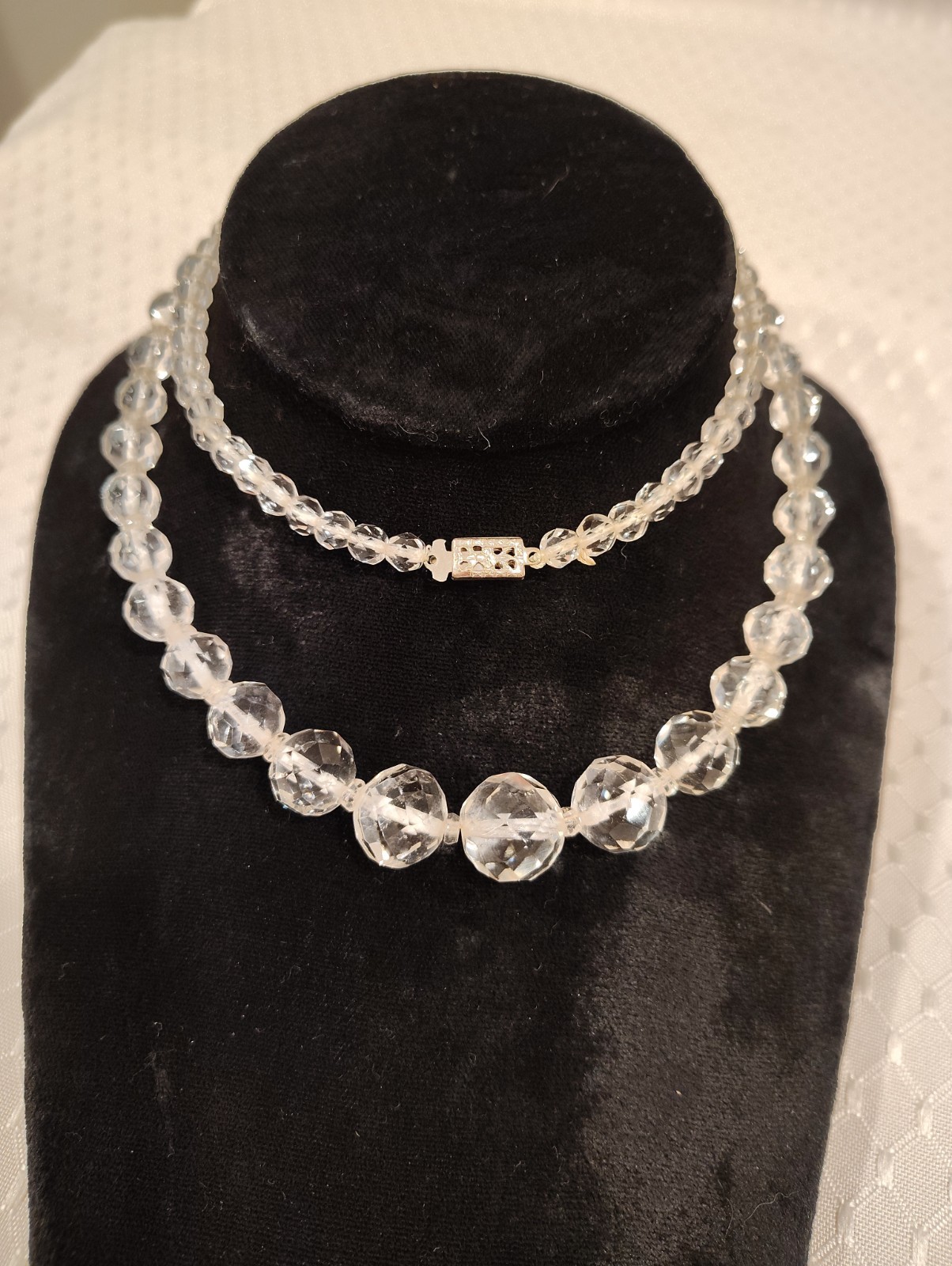 Vintage Faceted Clear Crystal Beads Silver Tone Clasp Necklace 25″ Long