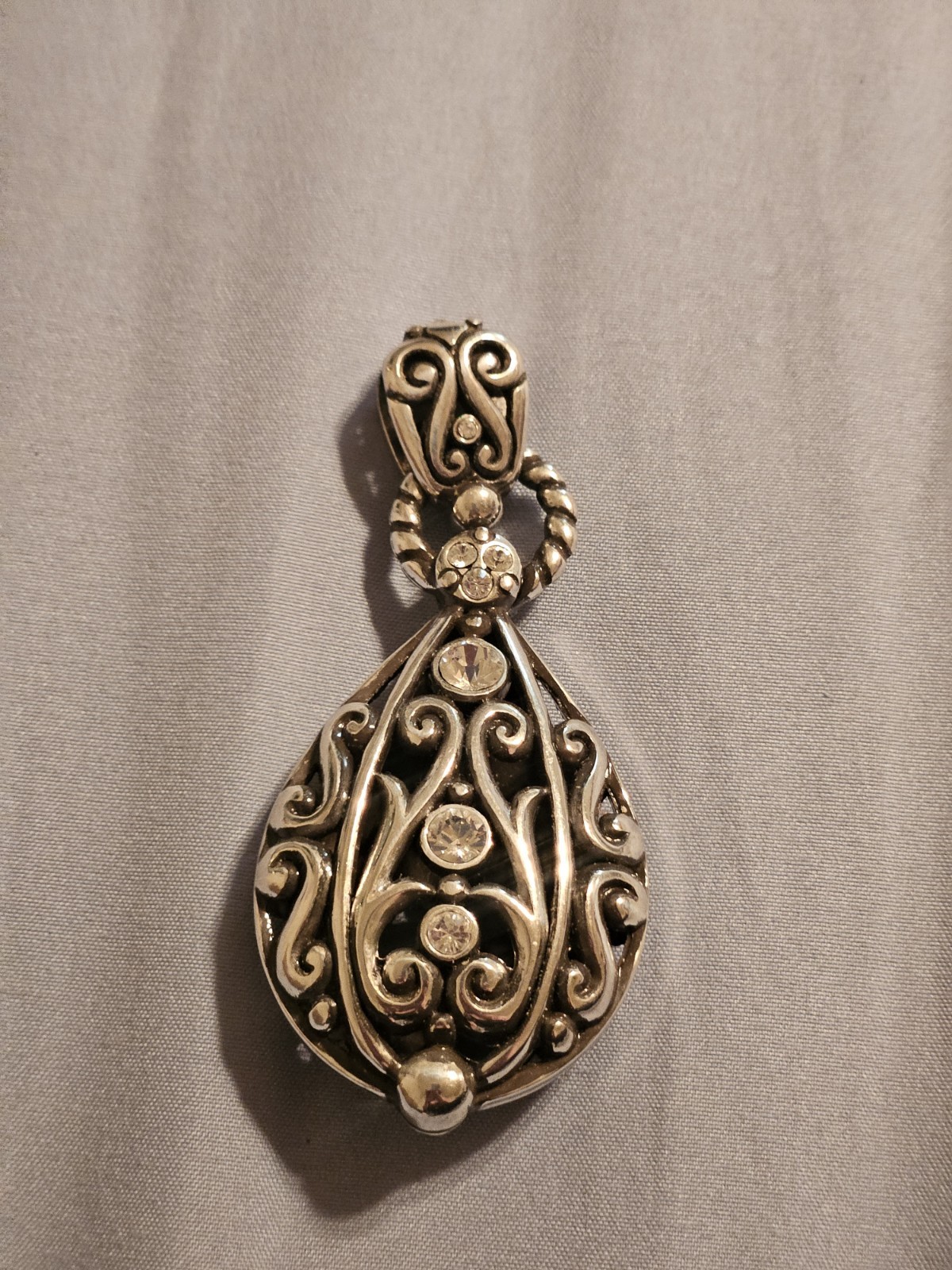 Antique Silver Pewter, Crystals – Filigree Teardrop Pendant Charm