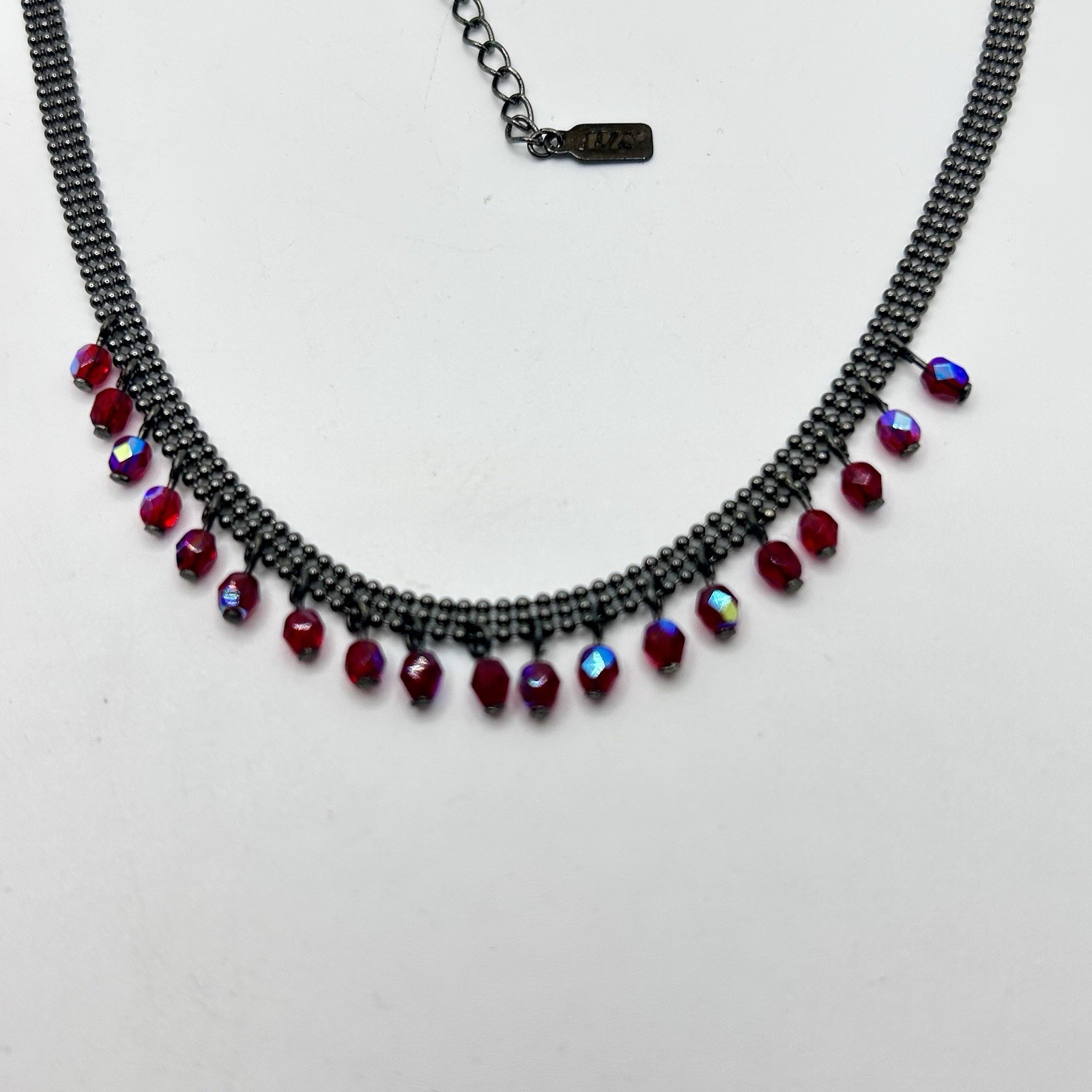 Vintage 1928 Gunmetal Red Iridescent Rhinestones Choker Necklace 13”-18”