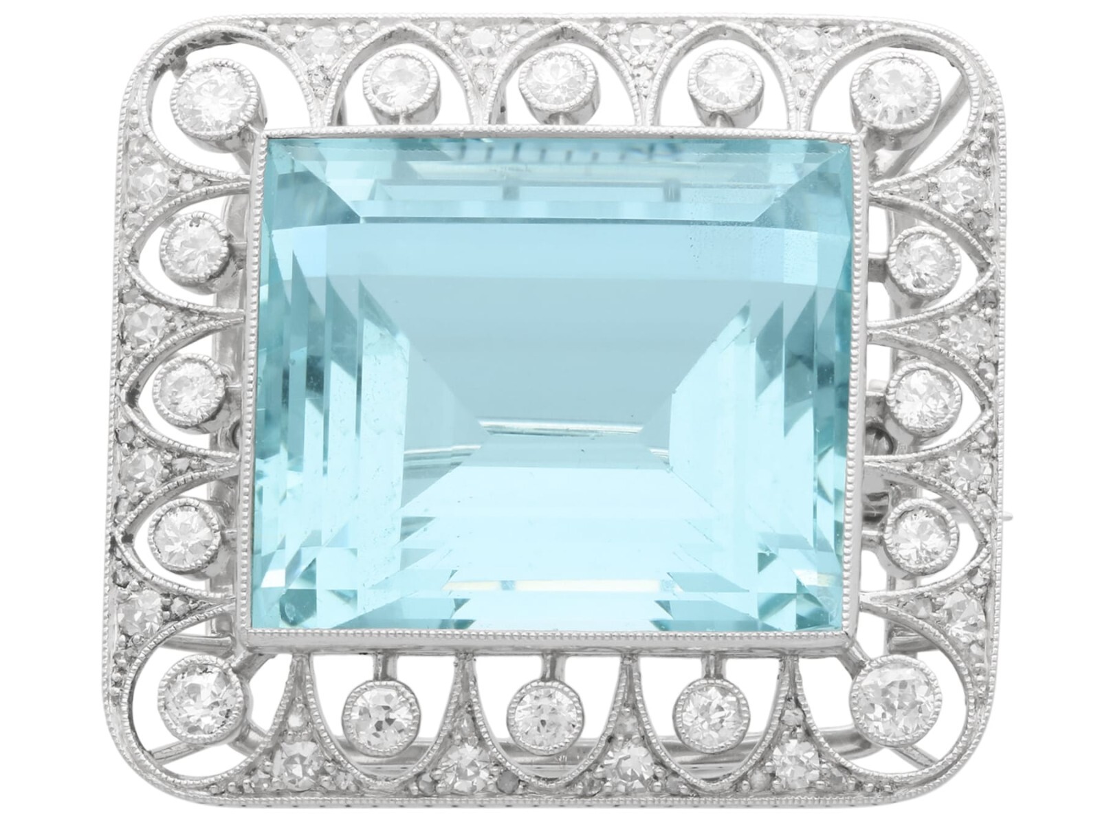 Antique 42.24Ct Aquamarine, 1.62Ct Diamond and Platinum Brooch / Pendant