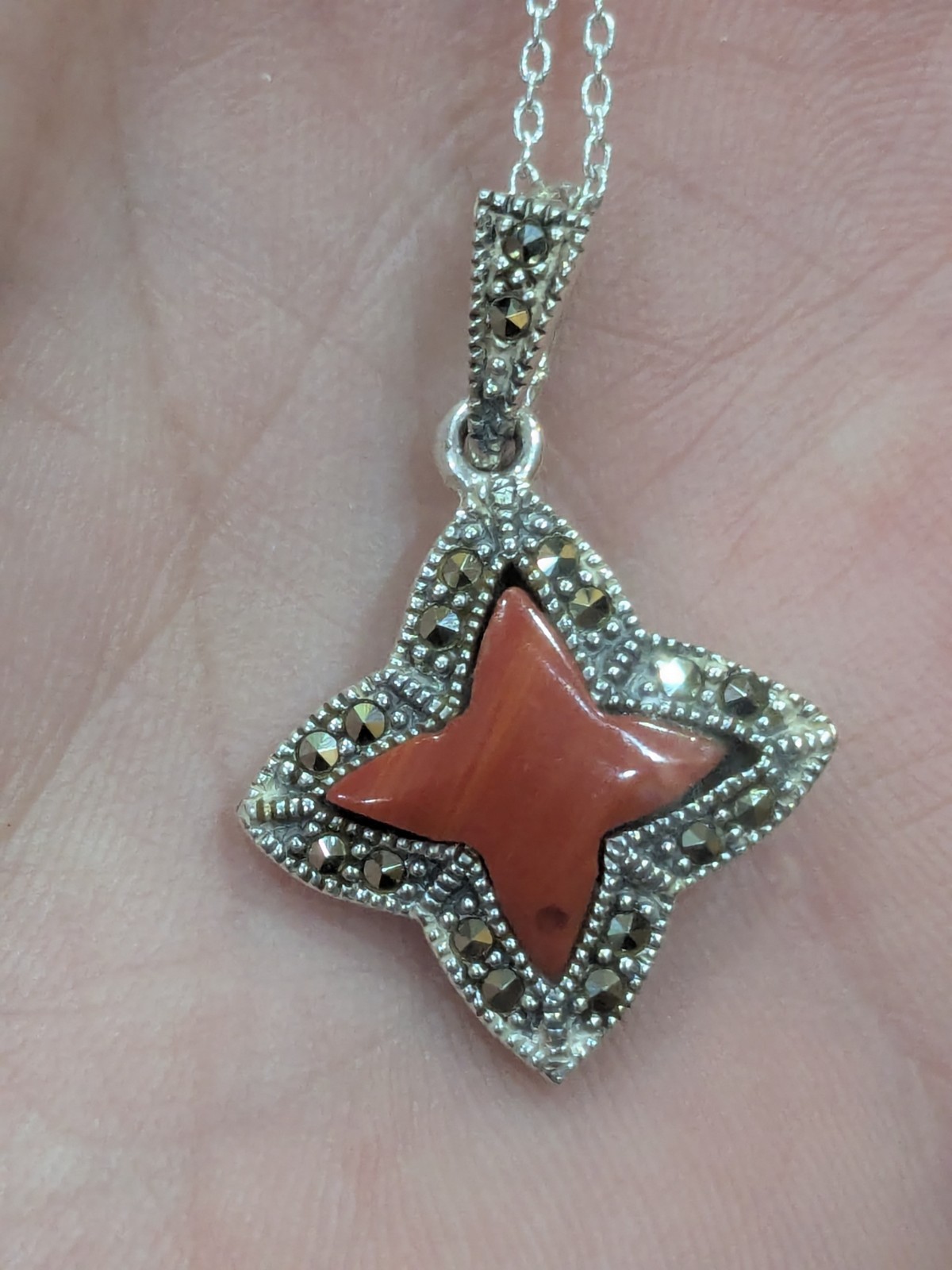 Vintage Sterling Silver 925 Red Coral Marcasite Necklace/Earrings Set 🔥🔥🔥