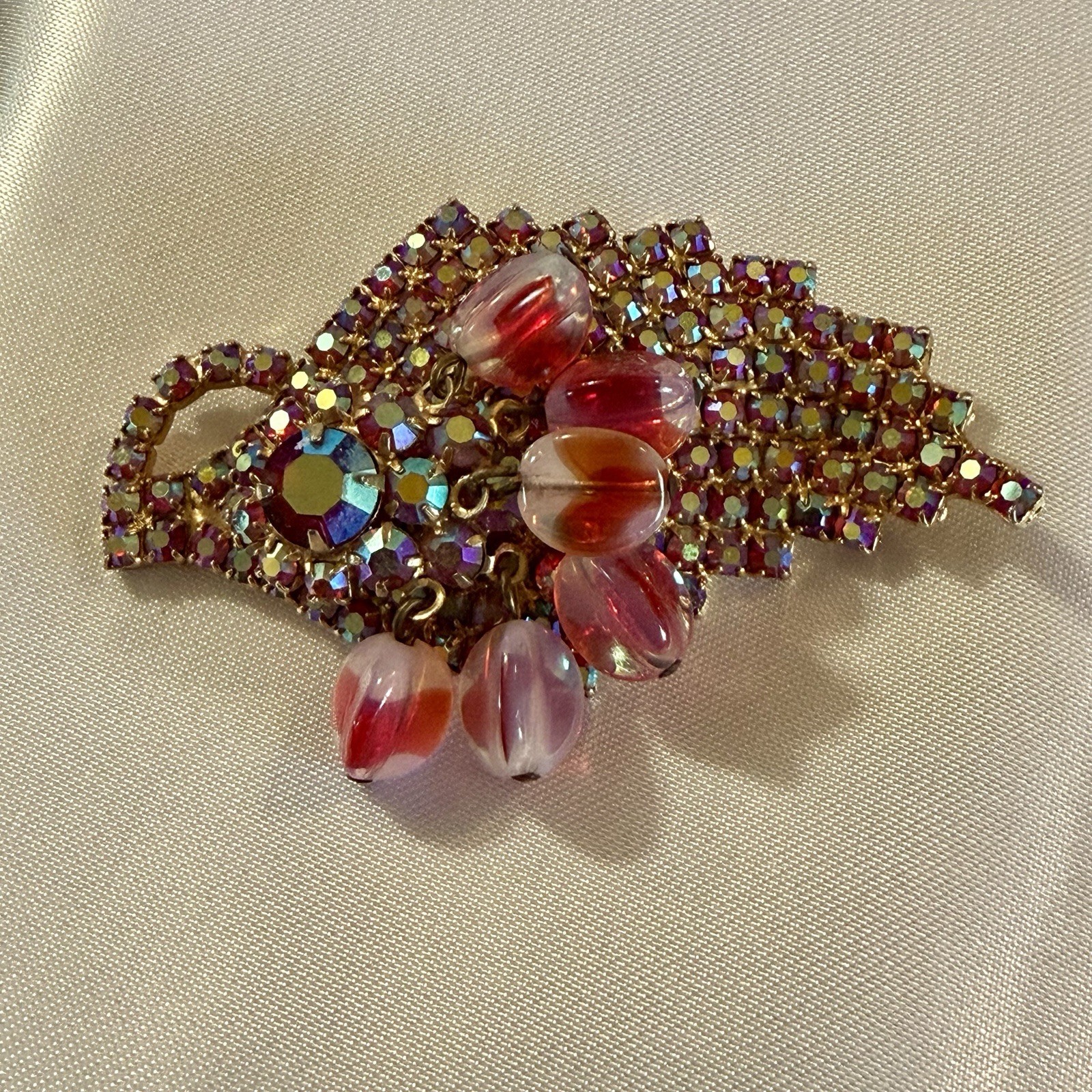 Vintage AB Pink Red Artglass & Rhinestone Dangling Cluster Brooch 2.5”