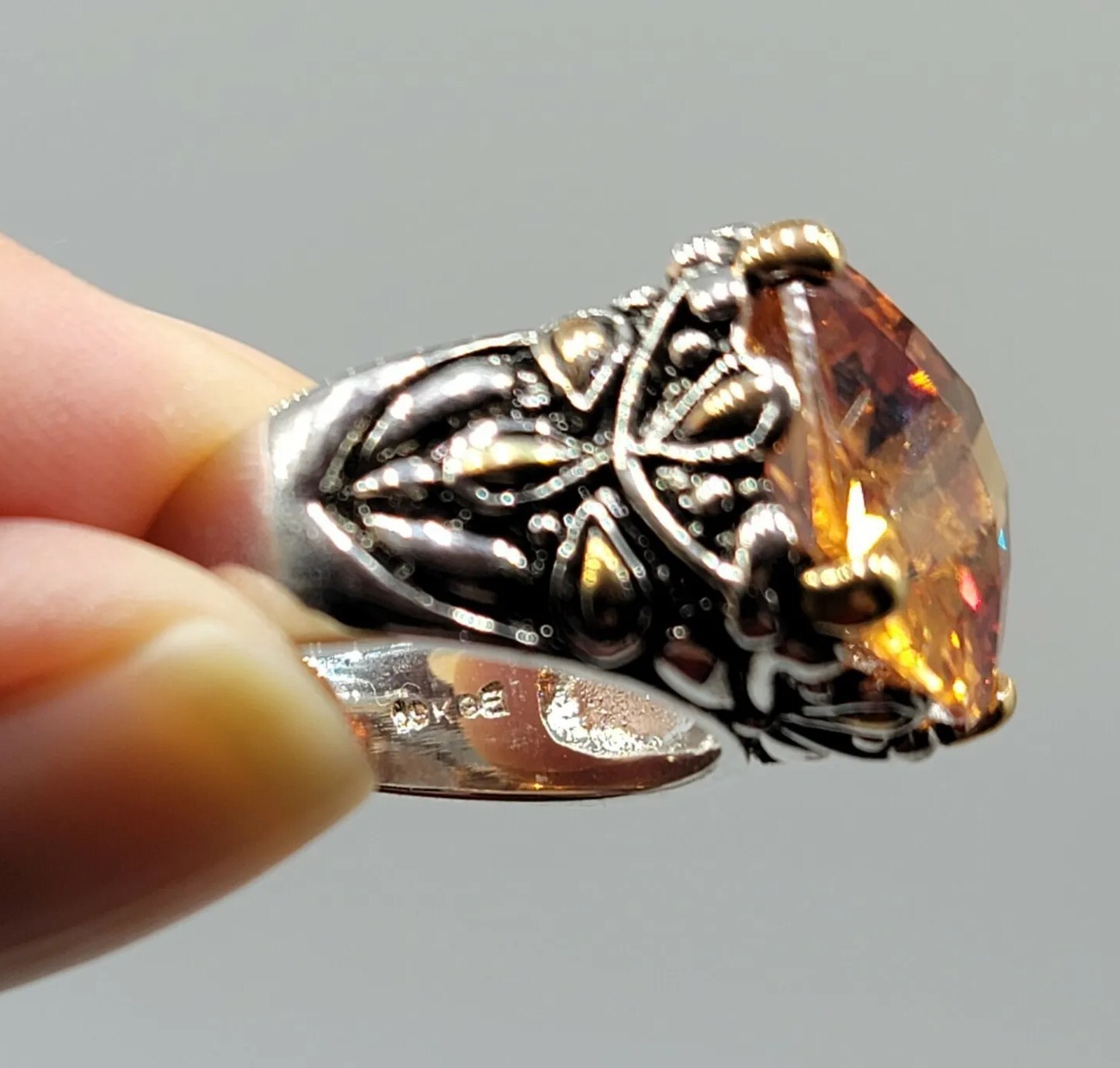 Vtg Sz 8 Ring Lg Citrine Topaz Cubic Zirconia Renaissance Flower Theme Jewelry