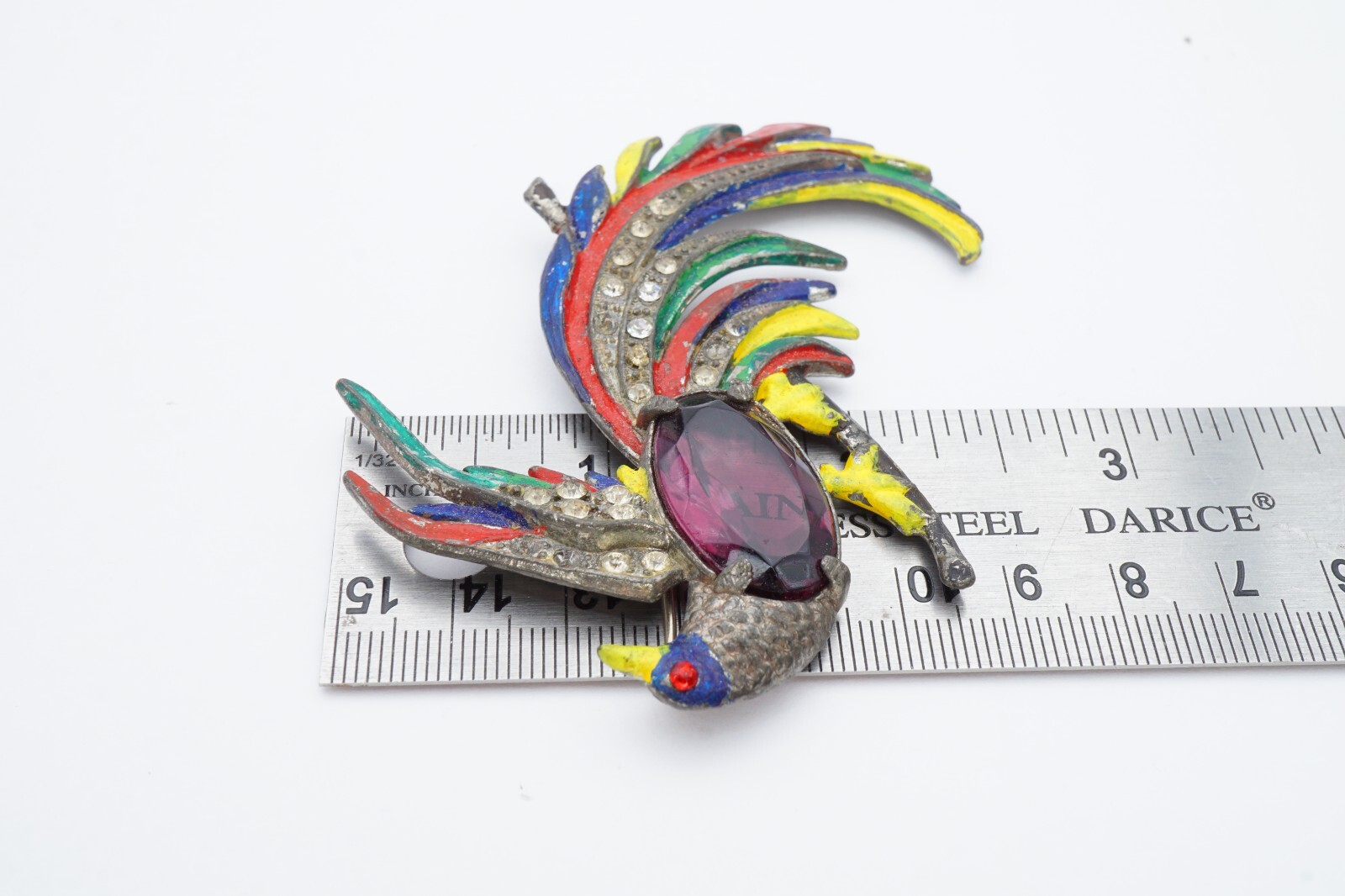 Vintage Brooch Pin Silver Tone Purple Rhinestone Enamel Peacock