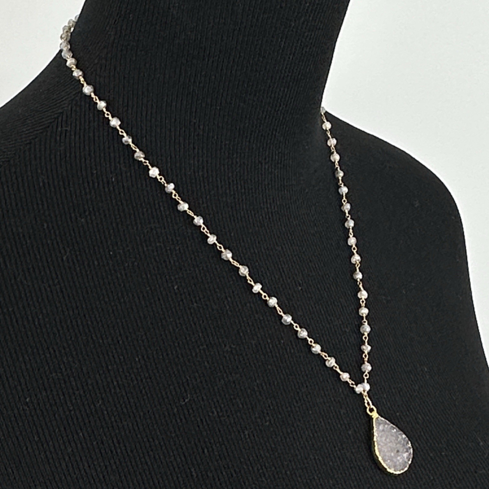 DRUZY teardrop pendant necklace – vintage labradorite bead rosary chain GF clasp