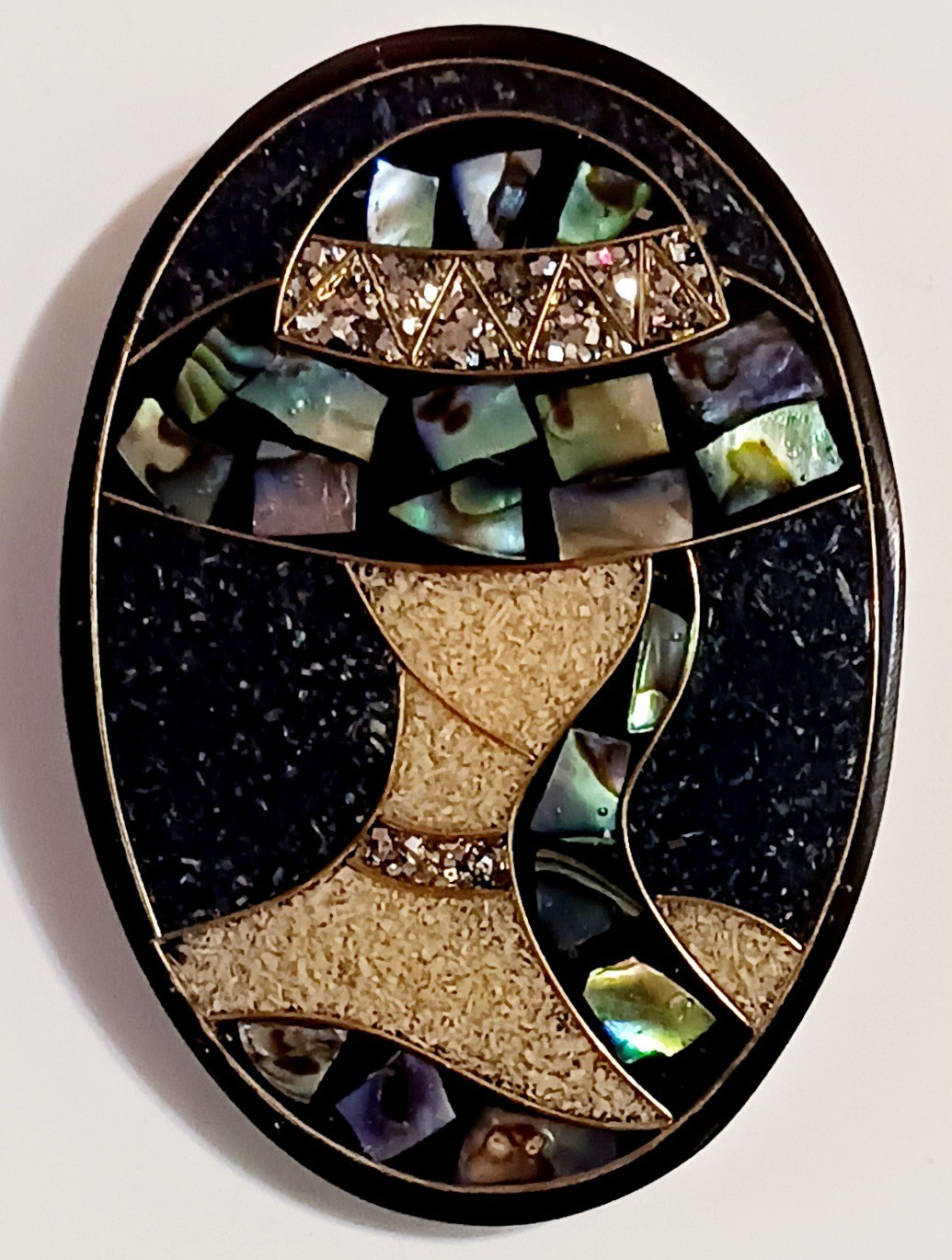 Paua Shell Woman in Hat Art Deco Vintage Pin