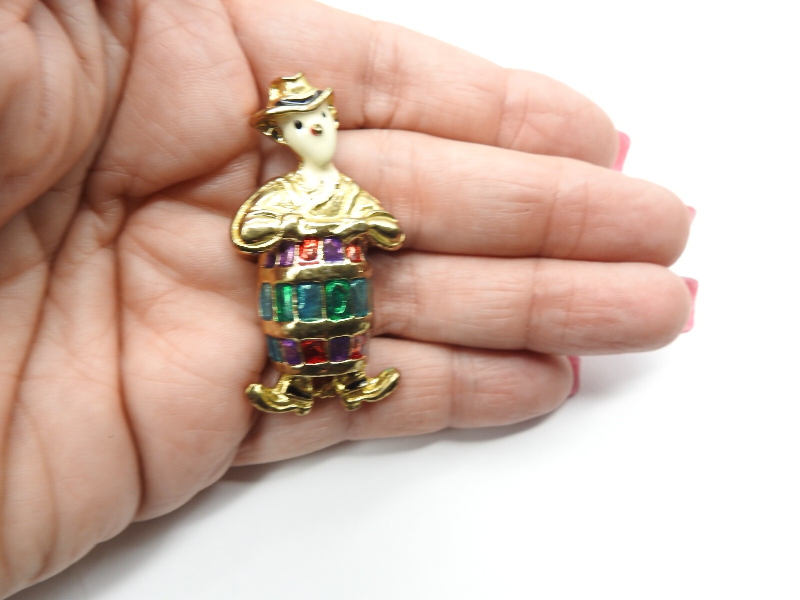 Purple Red Blue Green Cream Enamel Gold Tone Rodeo Clown Barrel Brooch Vintage