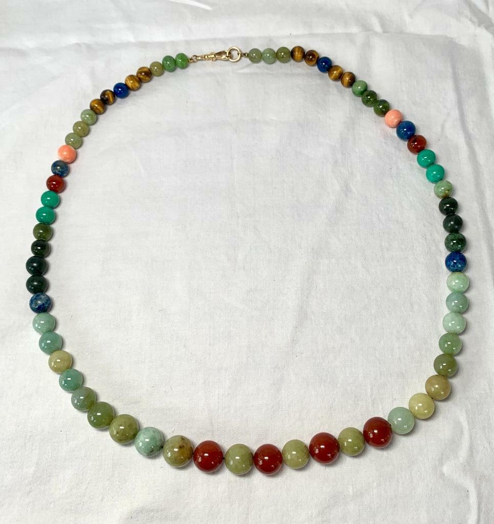 Jade Carnelian Lapis Malachite Tiger’s Eye 14 Karat Gold Necklace Dog Clip Clasp