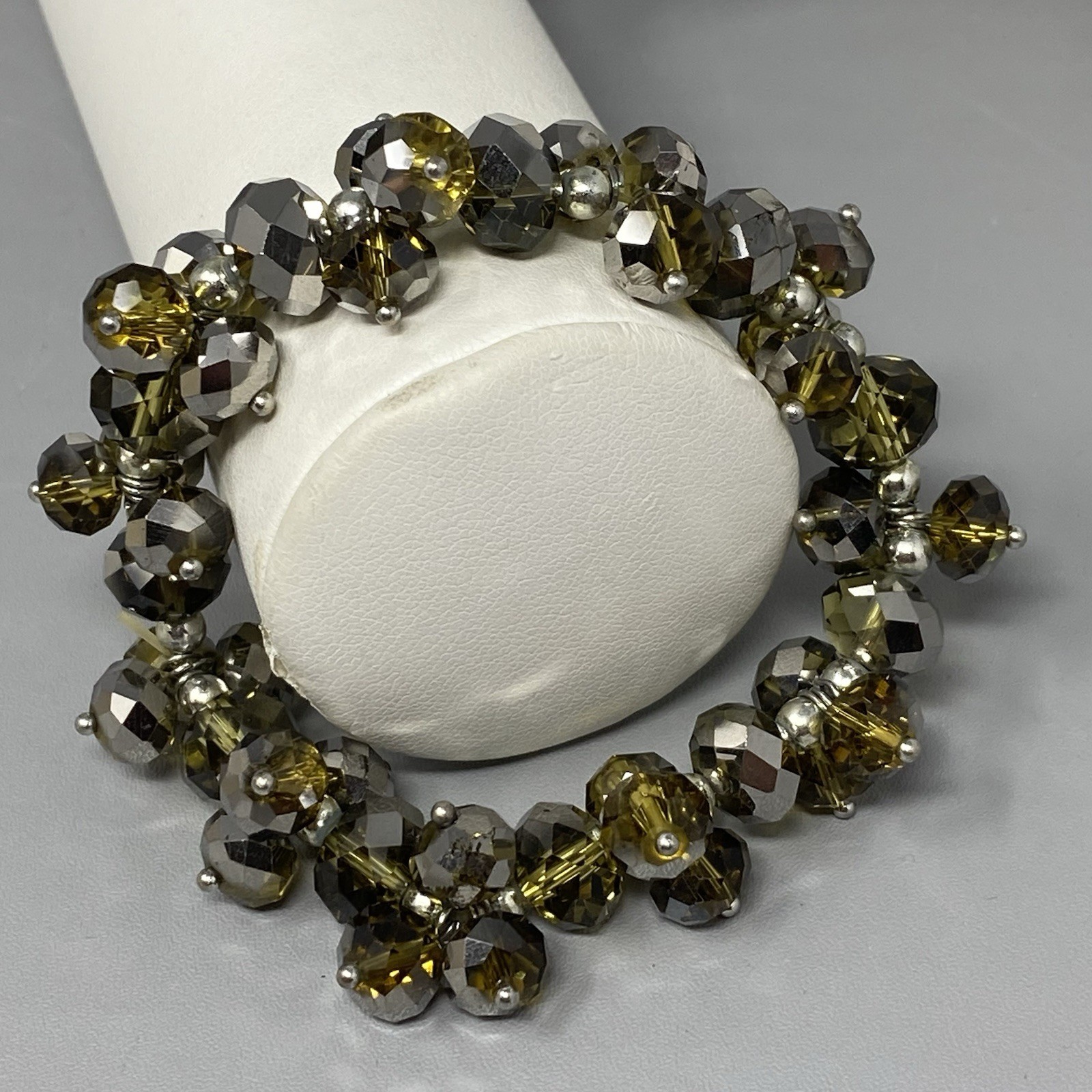 Silver Gold Glass Bead Cluster Bracelet Stretch Fire Polished AB Coated Retro
