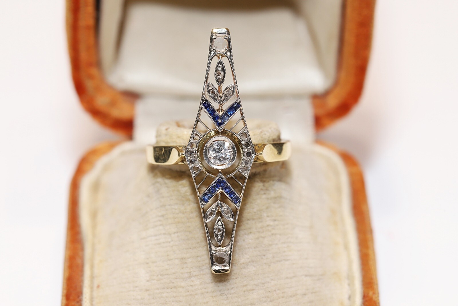 Antique Circa 1920s Art Deco 18k Gold Natural Diamond Sapphire Navette Ring