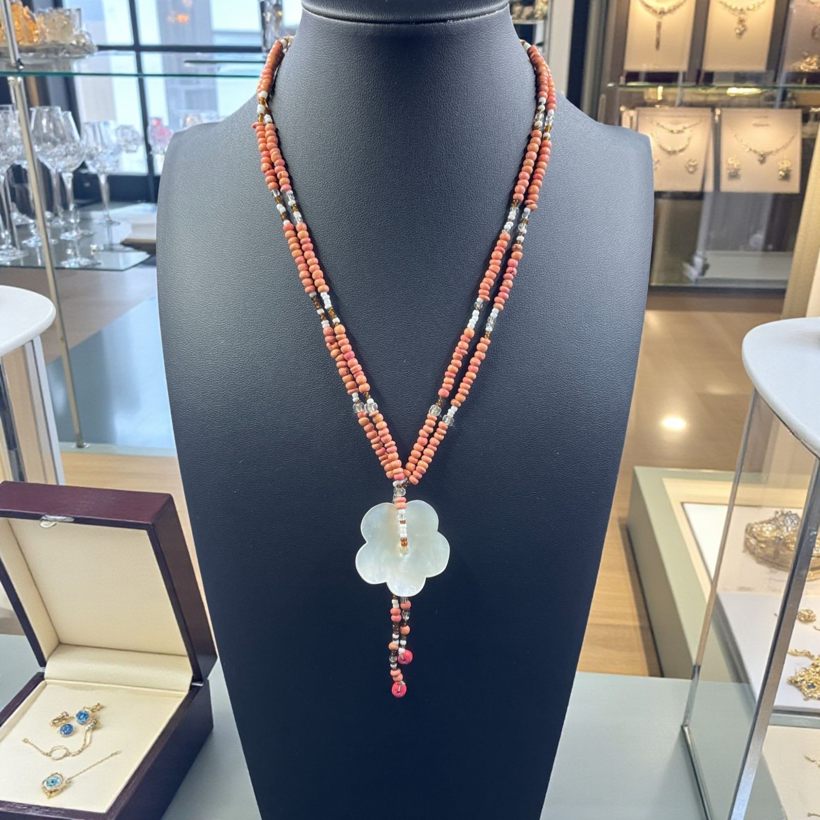 Bohemian Coral Beaded Necklace Mother Of Pearl Flower Pendant Vintage Cottagecor