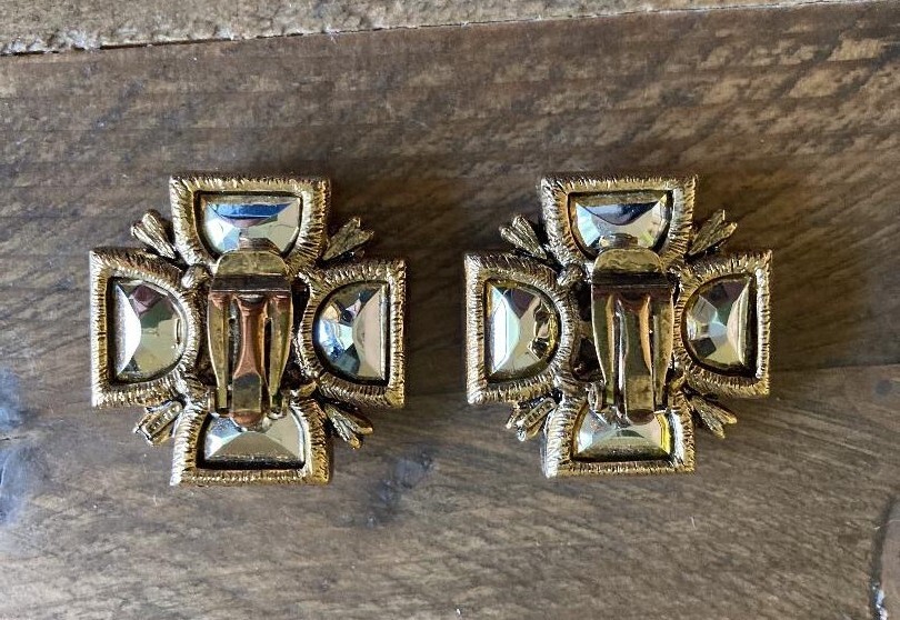vintage Maltese cross clip-on earrings ruby red clear gems gold metal GEM-CRAFT