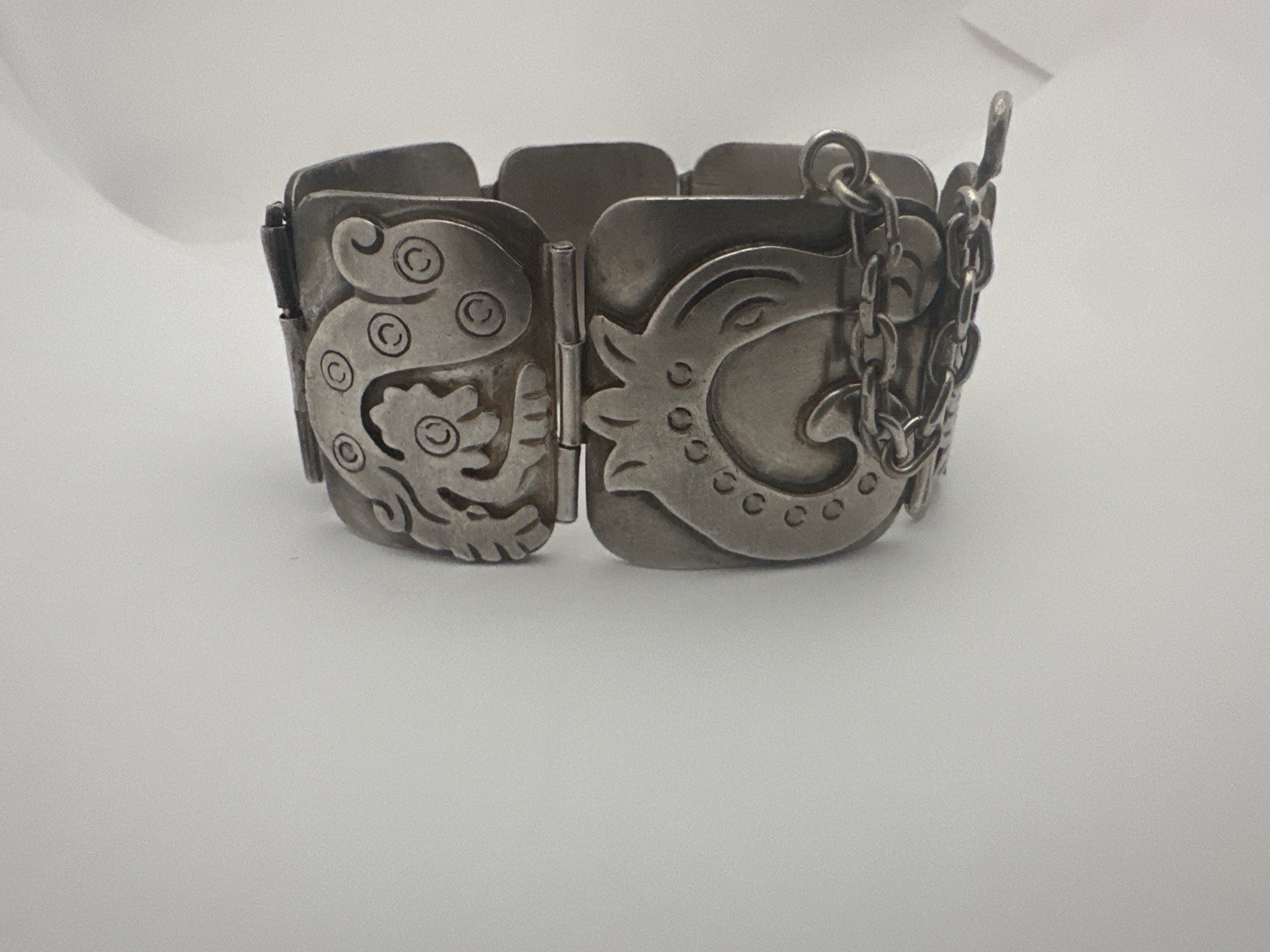 Vintage Early Taxco Mexico 980 Silver Panel Aztec Mayan Bracelet, 89 Grams