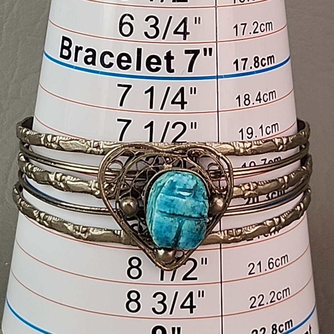 Scarab Cuff Bracelet Faience Blue Clay Wire Heart Silver Tone 7.75″