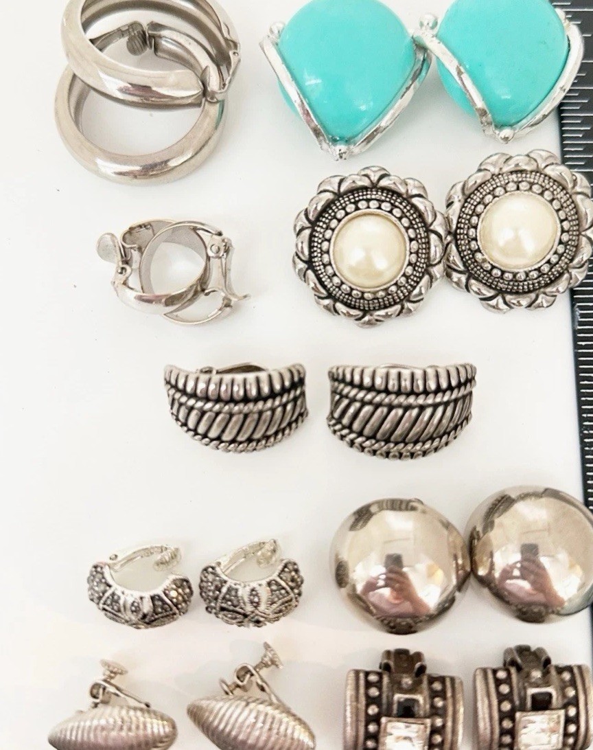 Vintage Clip On Earrings Lot of 9 Silver Tone Chunky Statement