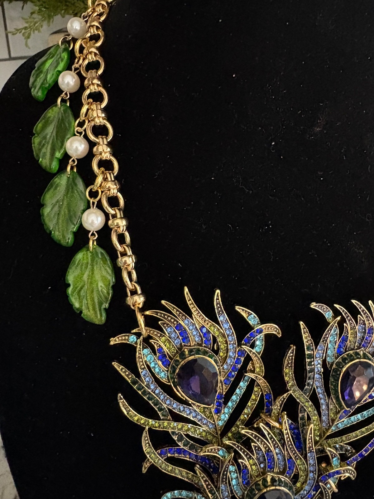 Triple Rhinestone Peacock Feather Statement Necklace-Repurposed & 1 of a Kind!