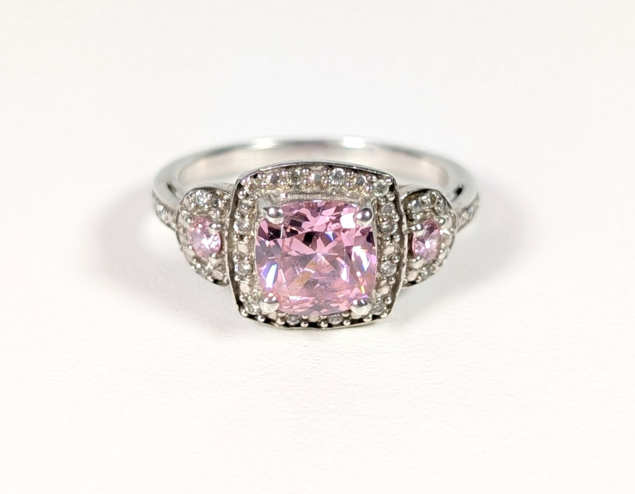 Vtg Sterling Silver 925 Pink CZ Cushion Cut Halo Ring w/ Side Stones H925 Size 7