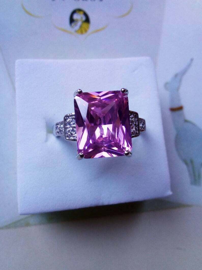 Stunning Art Deco Vintage Sterling Silver Radiant Square Rose Quartz 9.CT Ring