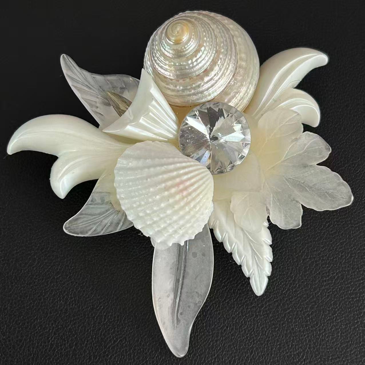 Vintage Sea Shell Acrylic Brooch Large Statement Tropical Beach Rhinestone Pin