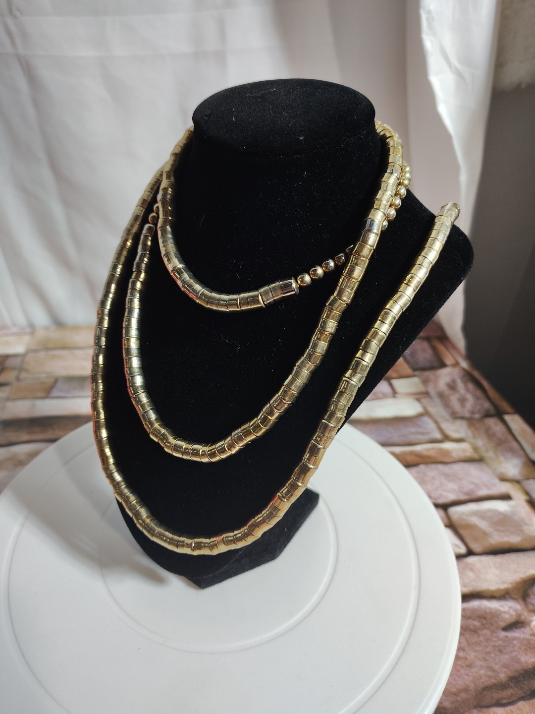 Vintage Retro Long Gold Tone Metal Beaded Statement Costume Flapper Necklace