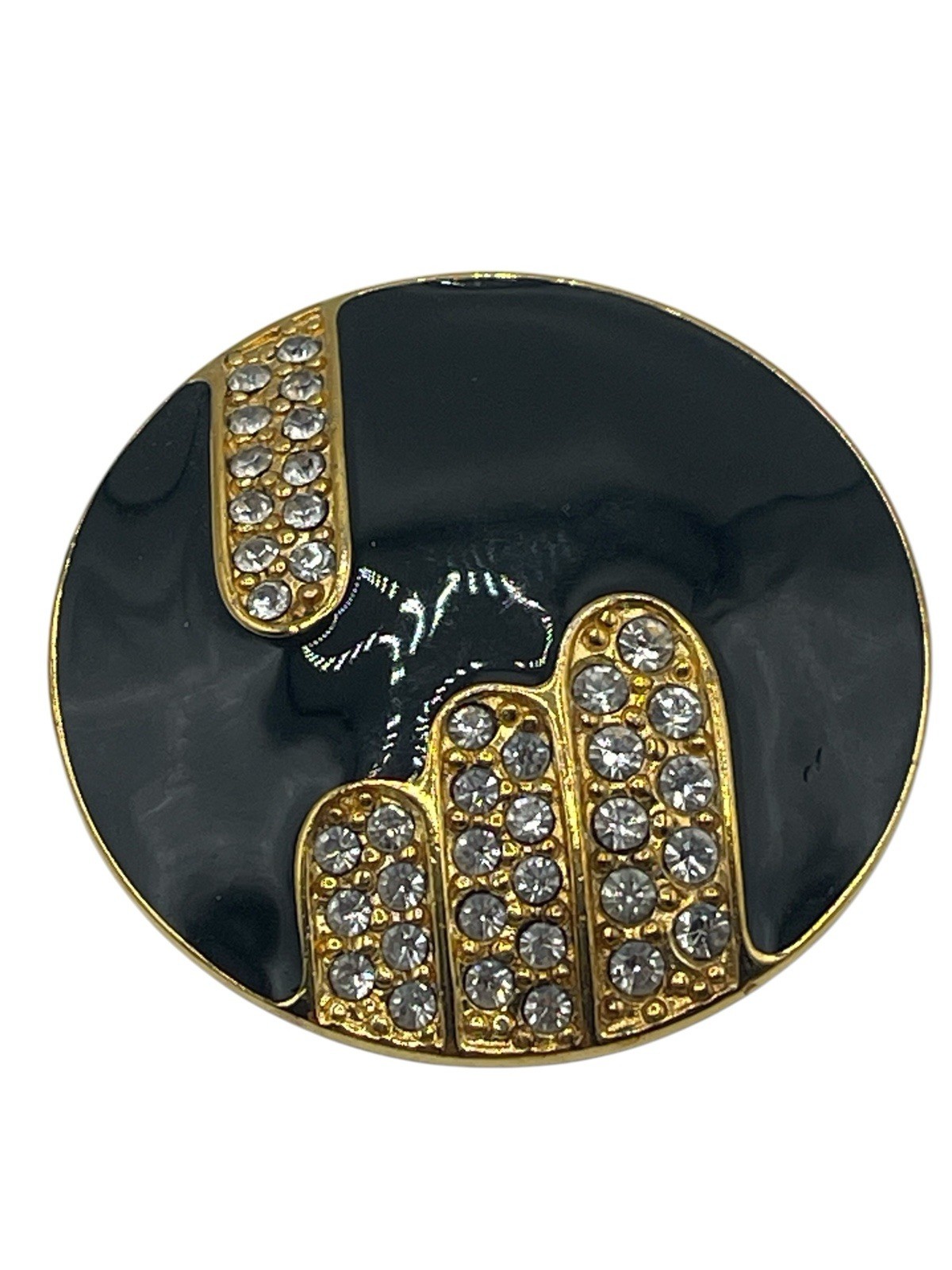 Vintage MONET Black Enamel Rhinestones Goldtone MCM Brooch And Earrings Set