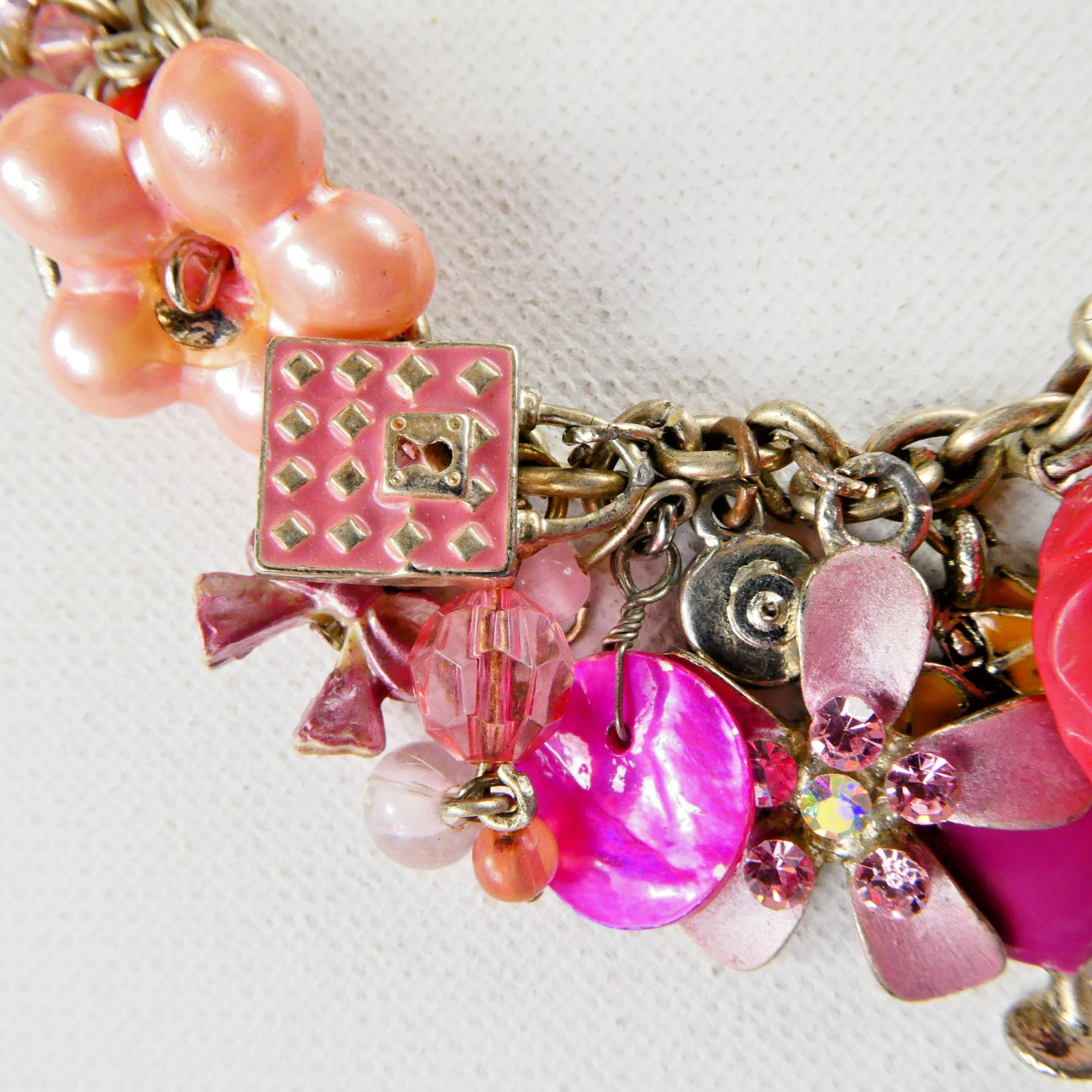 Vintage PINK Flower Charm Bracelet Floral Hearts Enamel Rhinestones Toggle Clasp