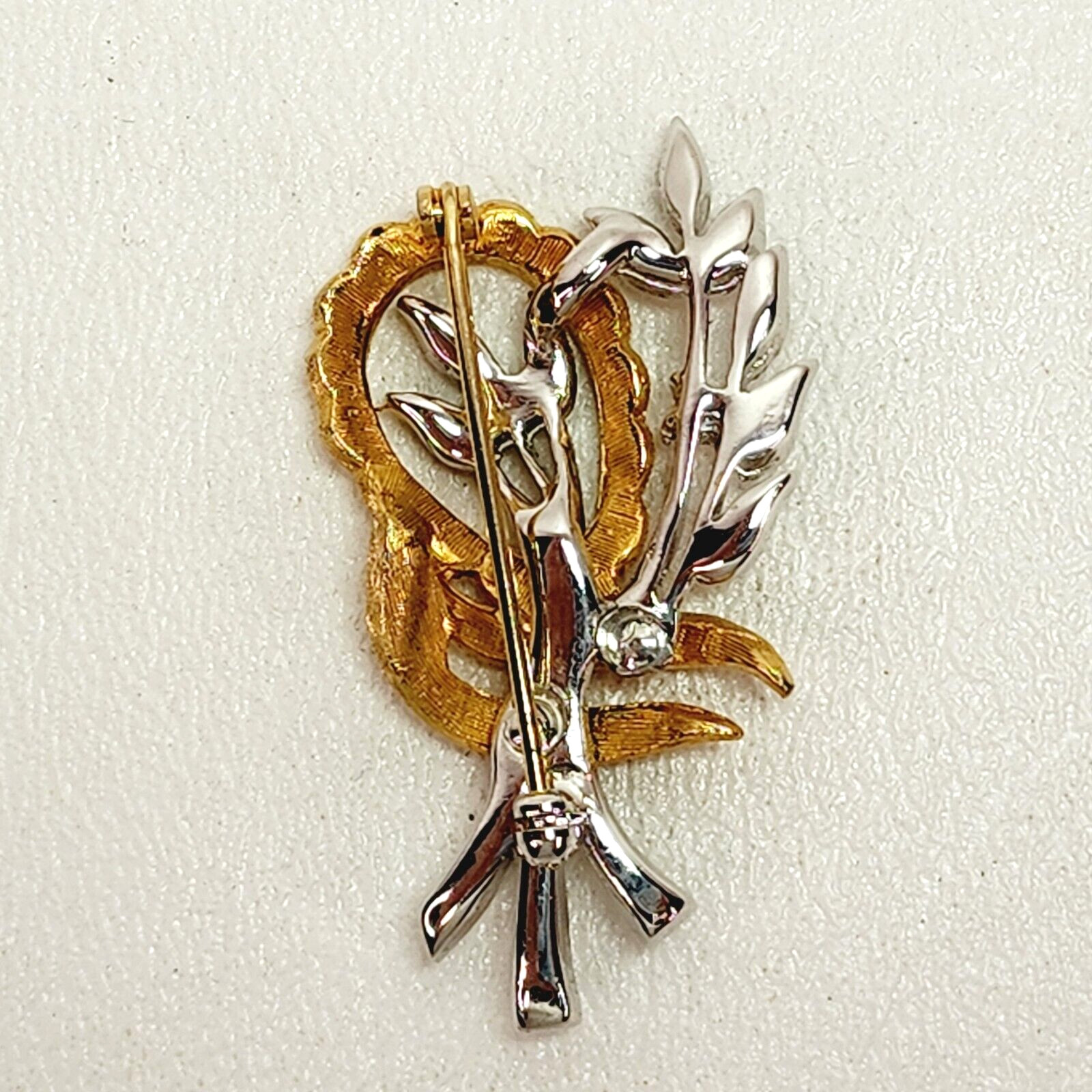 Gold and Silver Tone Flower Leaf Stem Swirl Knot Ribbon Brooch Pin