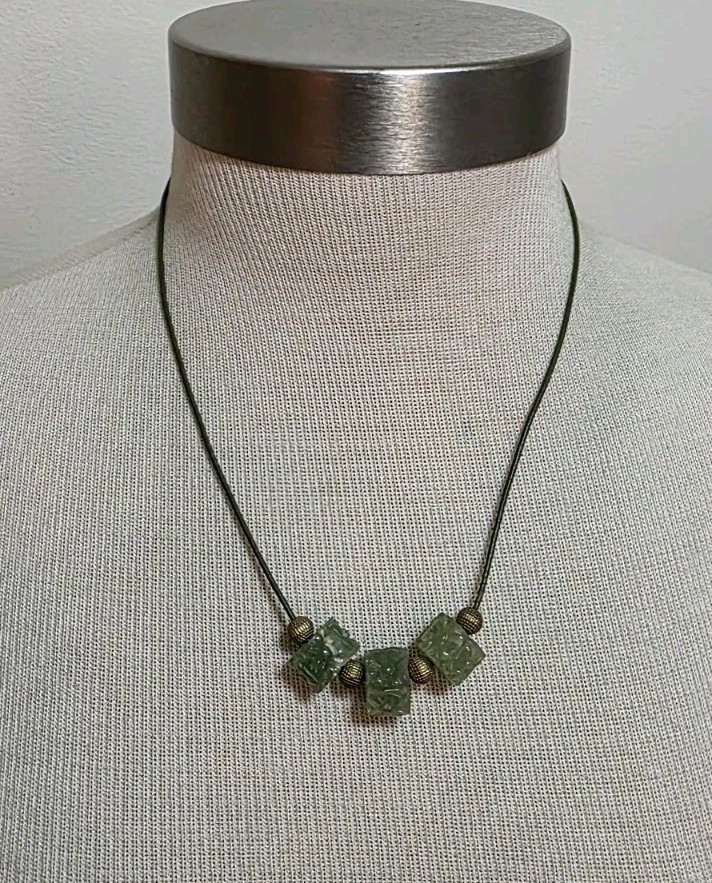 Hand Crafted Jade Carved Flower Bead Necklace On Leather Cord 18″