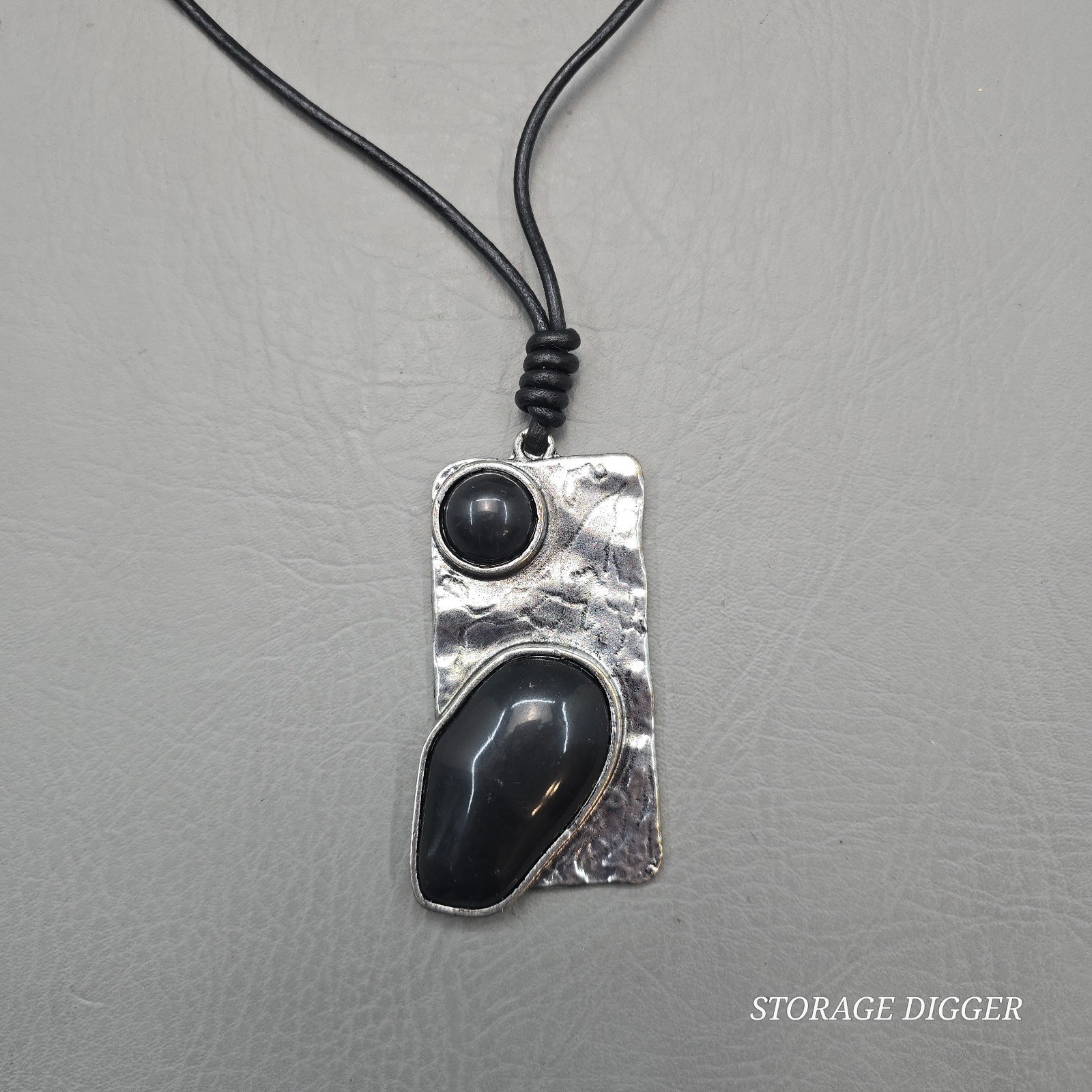 Vintage Silver Tone Metal with Black Onyx Pendant on Cord Necklace 31″ Long