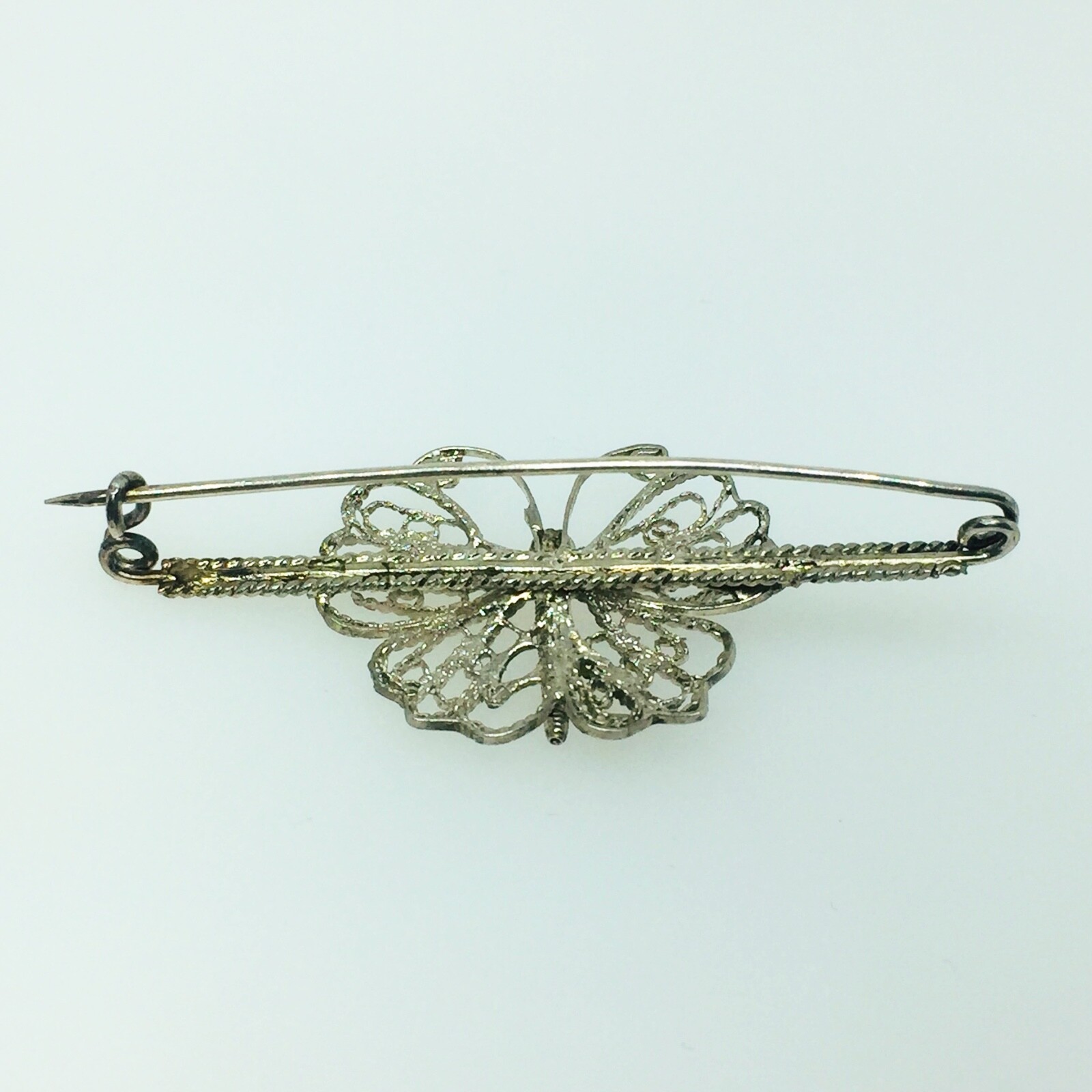 Victorian Sterling Filigree Butterfly Bar Pin with C Clasp